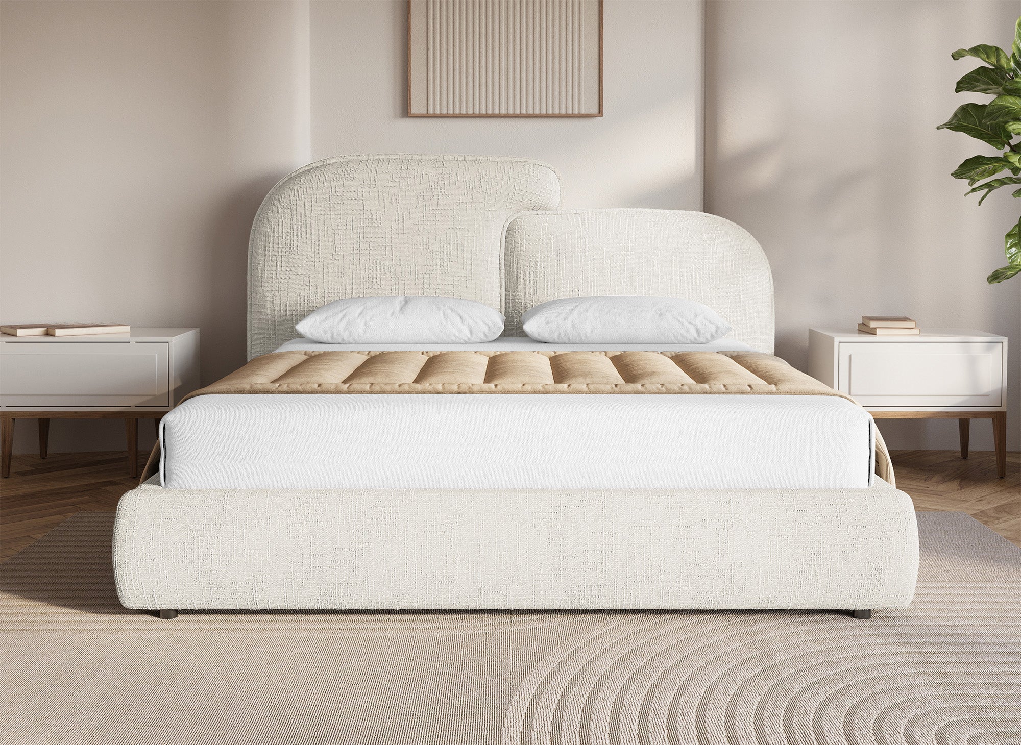 Cama de almacenaje MILENA de terciopelo jaspeado beige de 160x200 cm