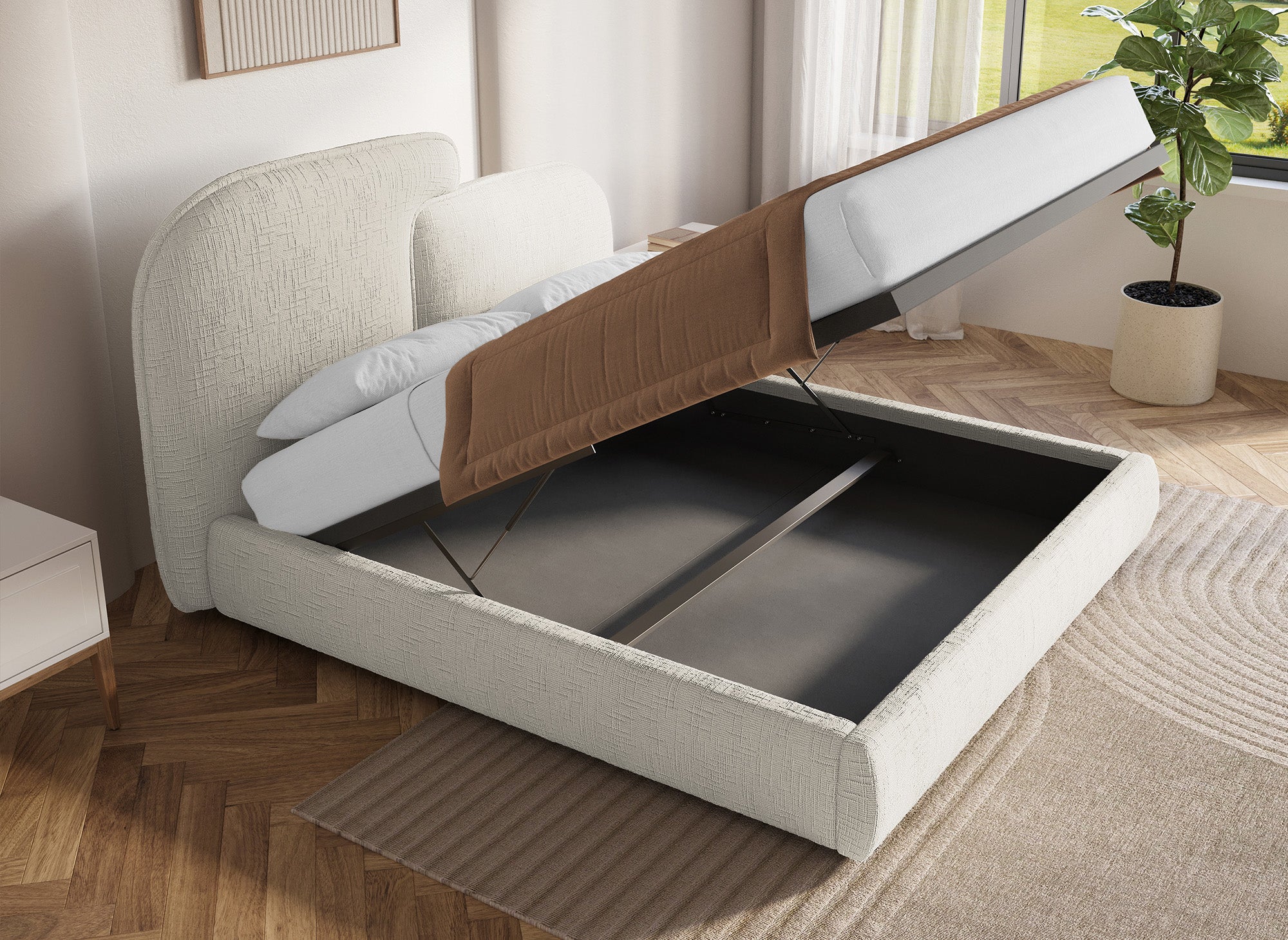 Cama de almacenaje MILENA de terciopelo jaspeado beige de 160x200 cm