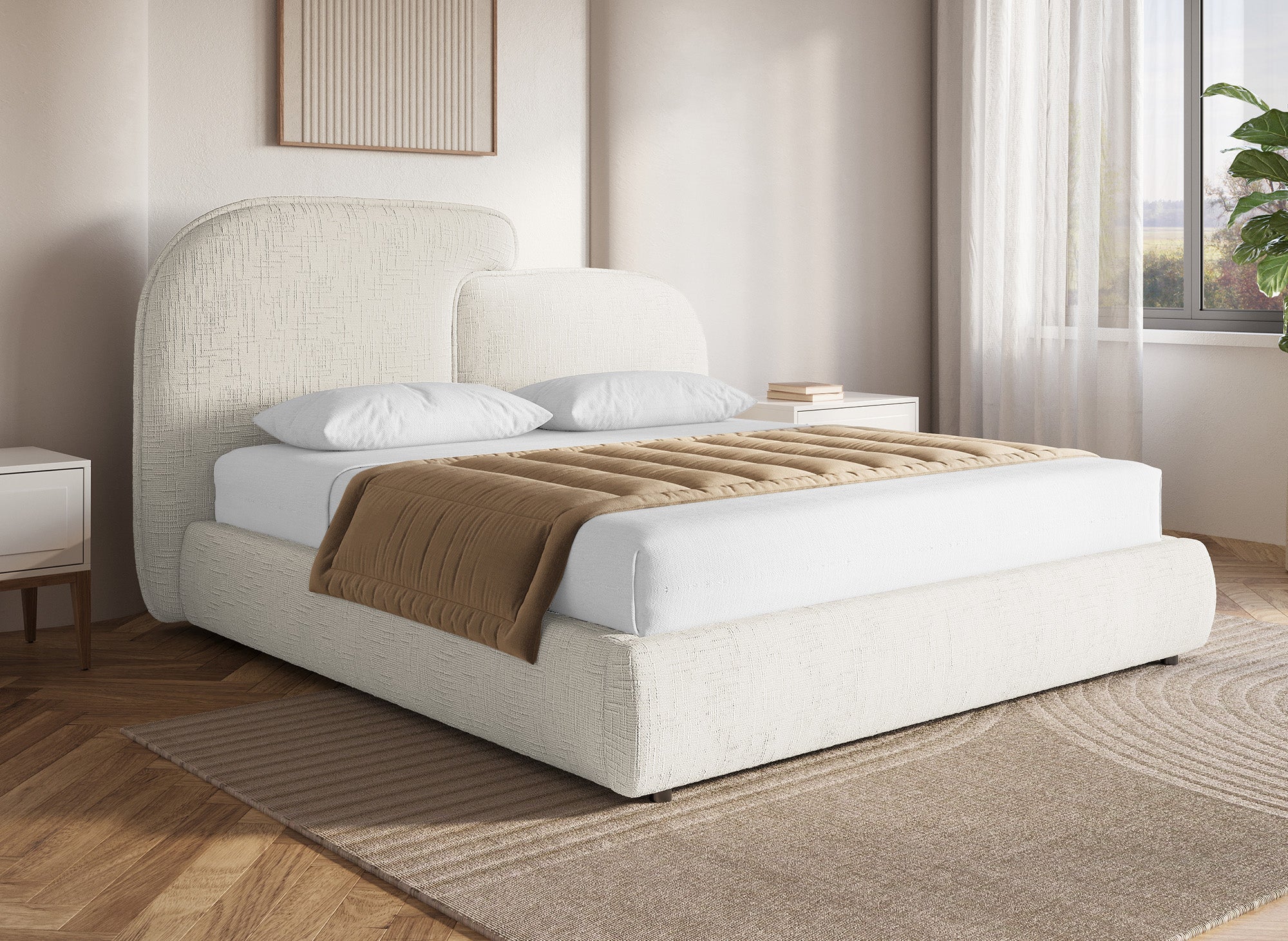 Cama de almacenaje MILENA de terciopelo jaspeado beige de 160x200 cm