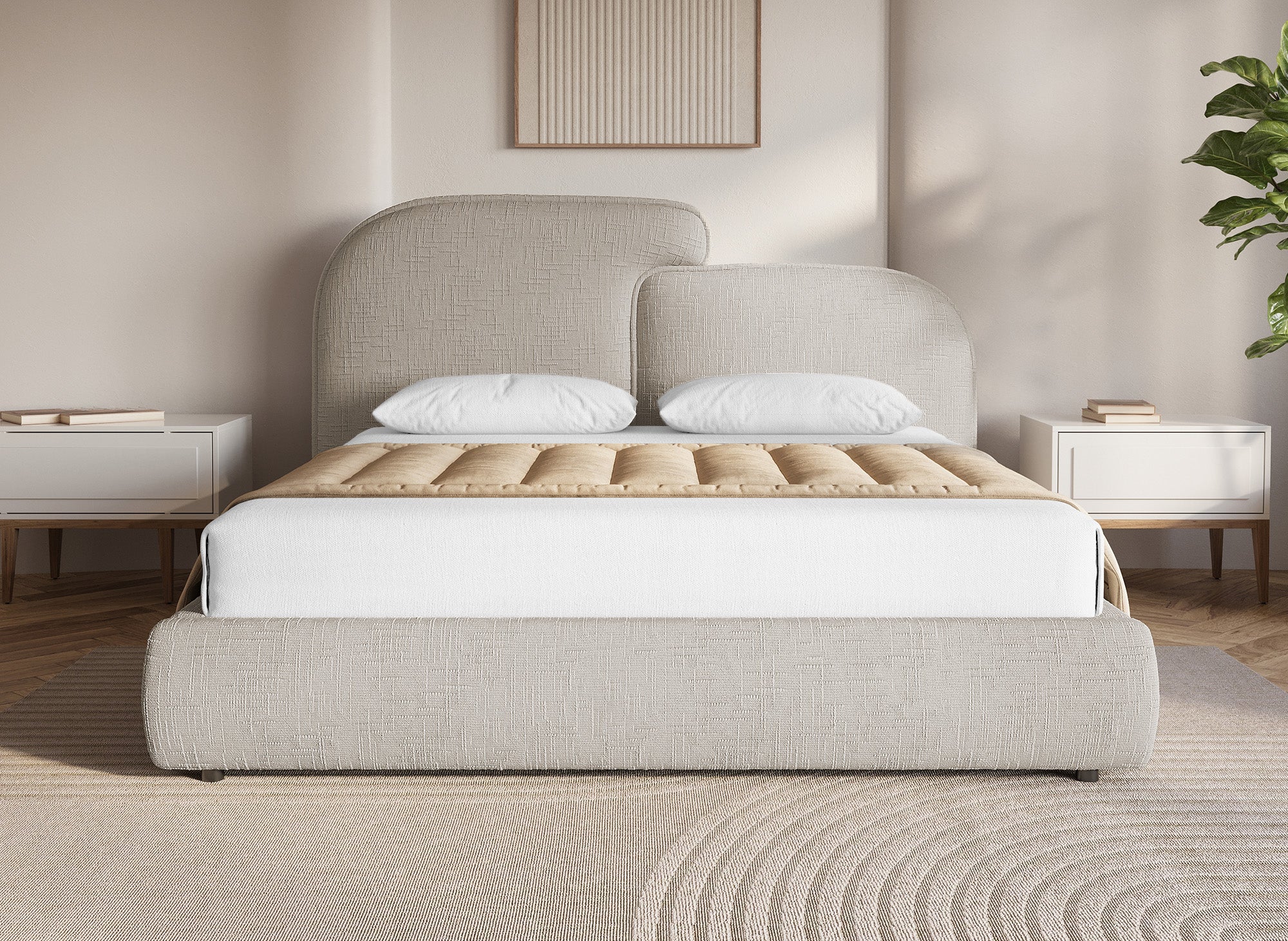 Cama de almacenaje MILENA de 160x200 cm en terciopelo jaspeado color topo