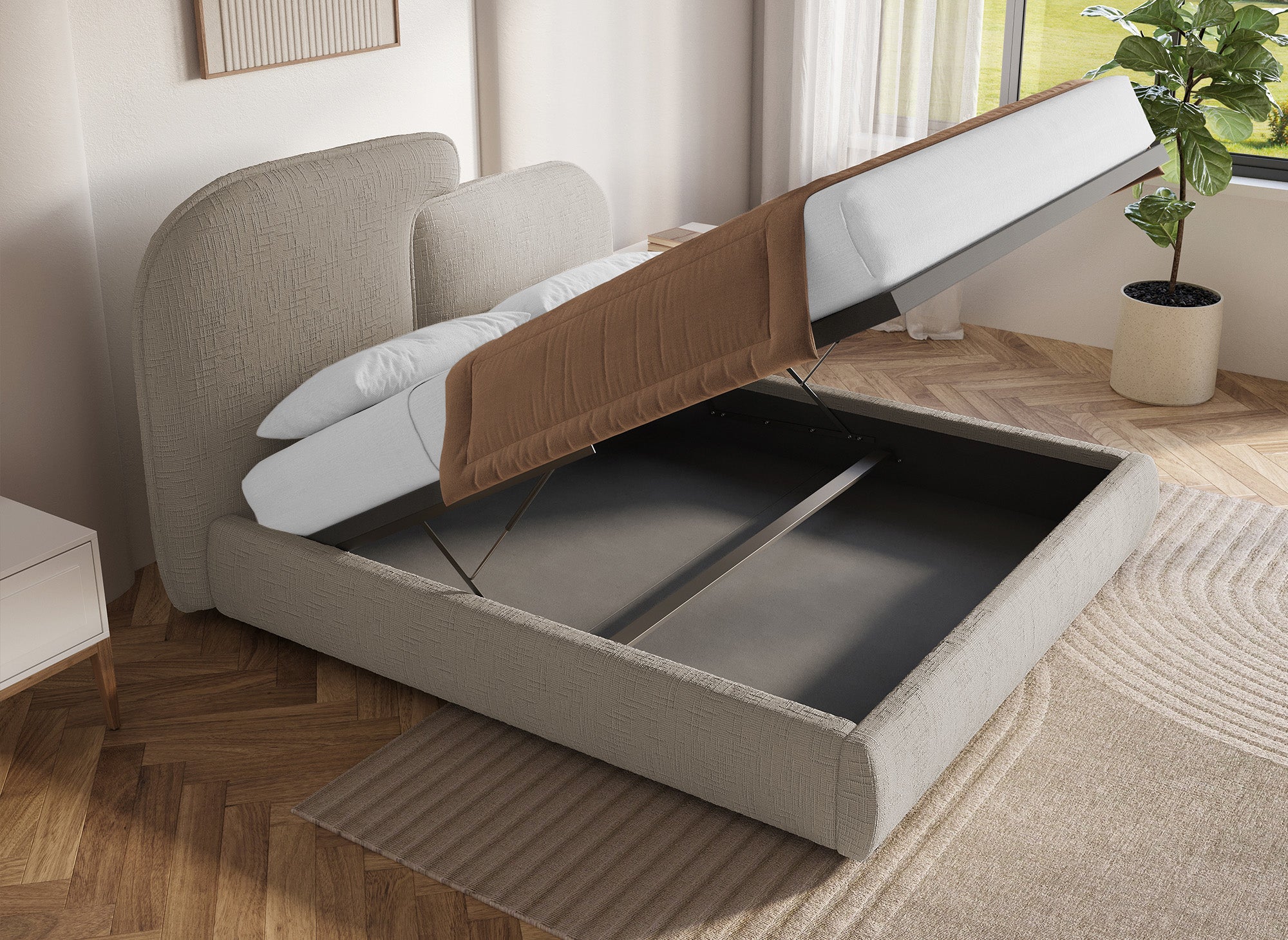 Cama de almacenaje MILENA de 160x200 cm en terciopelo jaspeado color topo