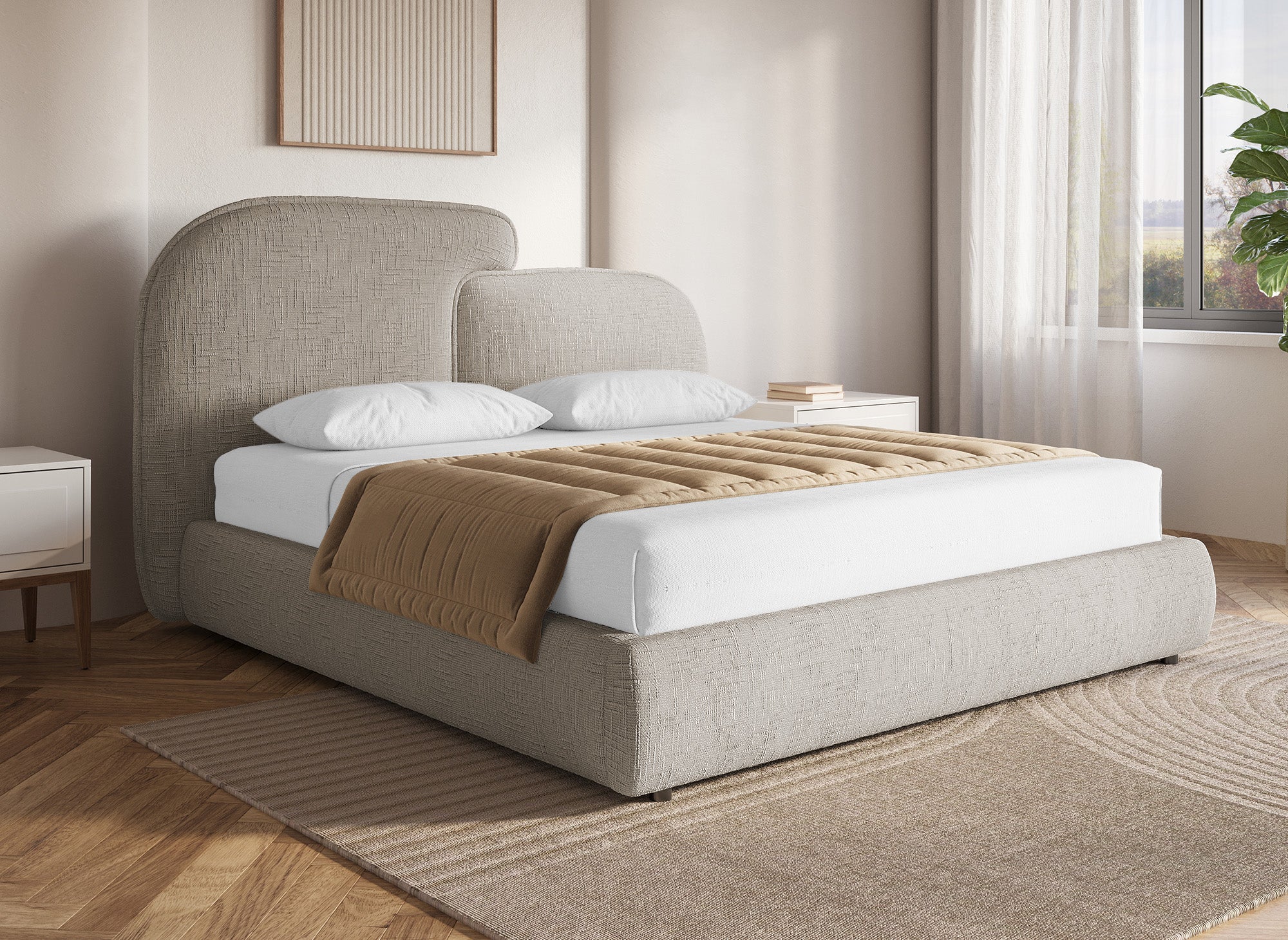 Cama de almacenaje MILENA de 160x200 cm en terciopelo jaspeado color topo