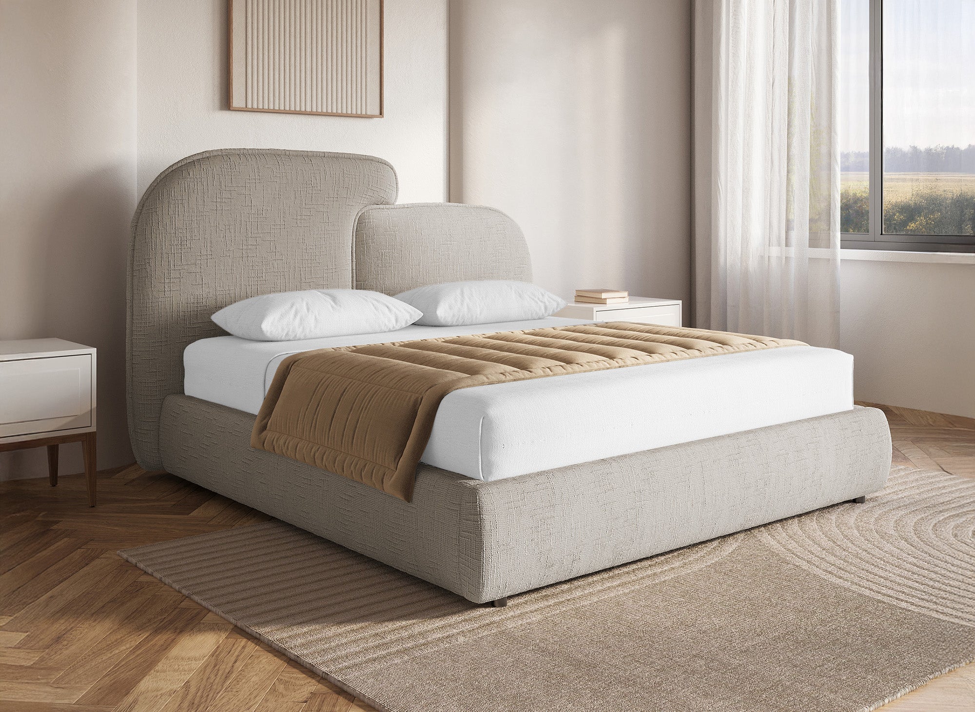 Cama de almacenaje MILENA de terciopelo jaspeado color topo, 140x190 cm