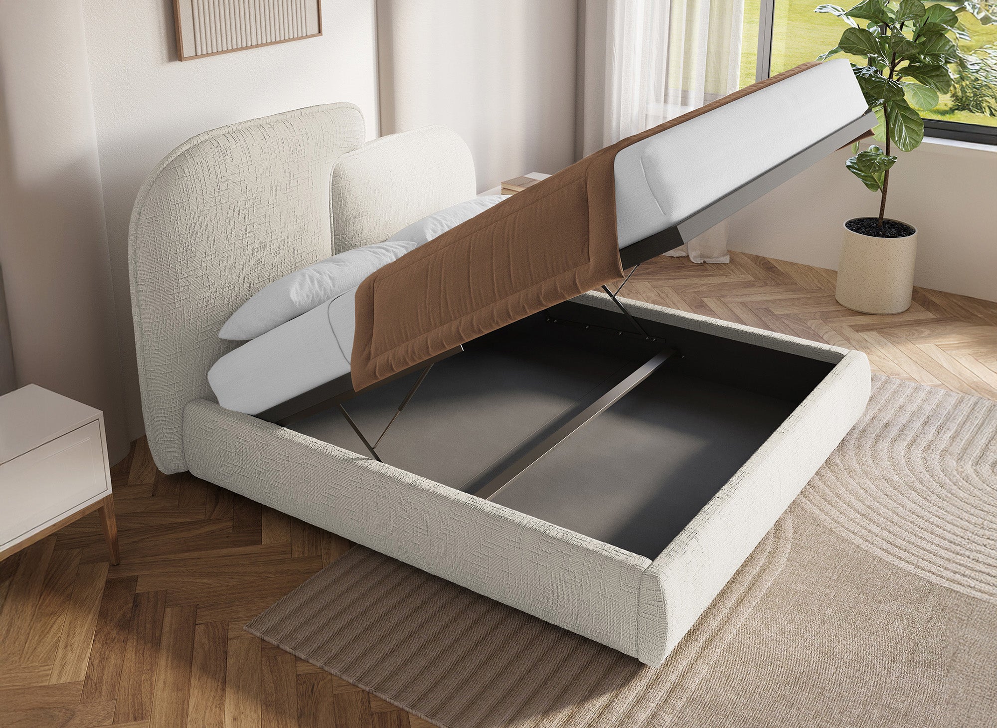 Cama con almacenaje MILENA de terciopelo jaspeado beige de 140x190 cm