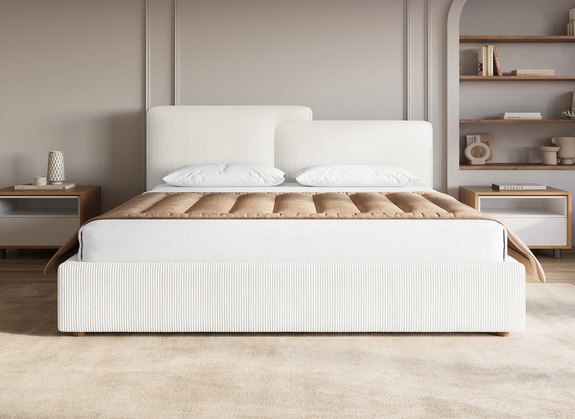 Cama de almacenaje ZELIA de 180x200 cm en pana color blanco roto