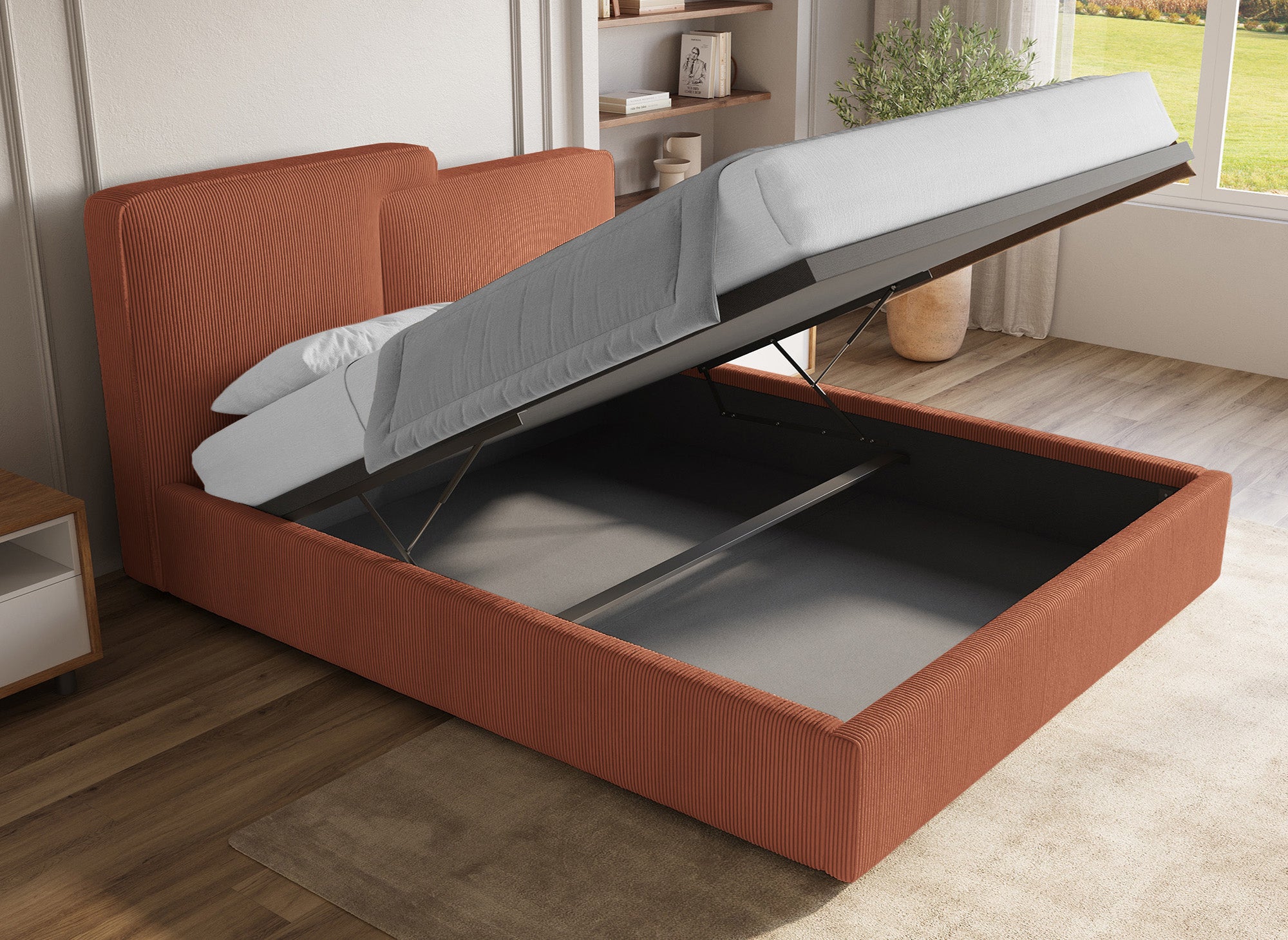 Cama de almacenaje ZELIA de 180x200 cm en pana color terracota