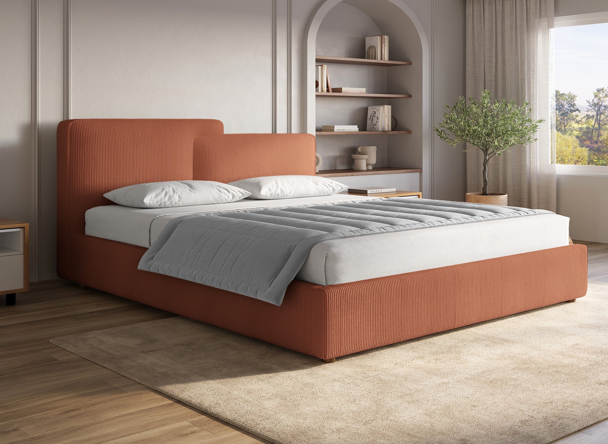 Cama de almacenaje ZELIA de 180x200 cm en pana color terracota