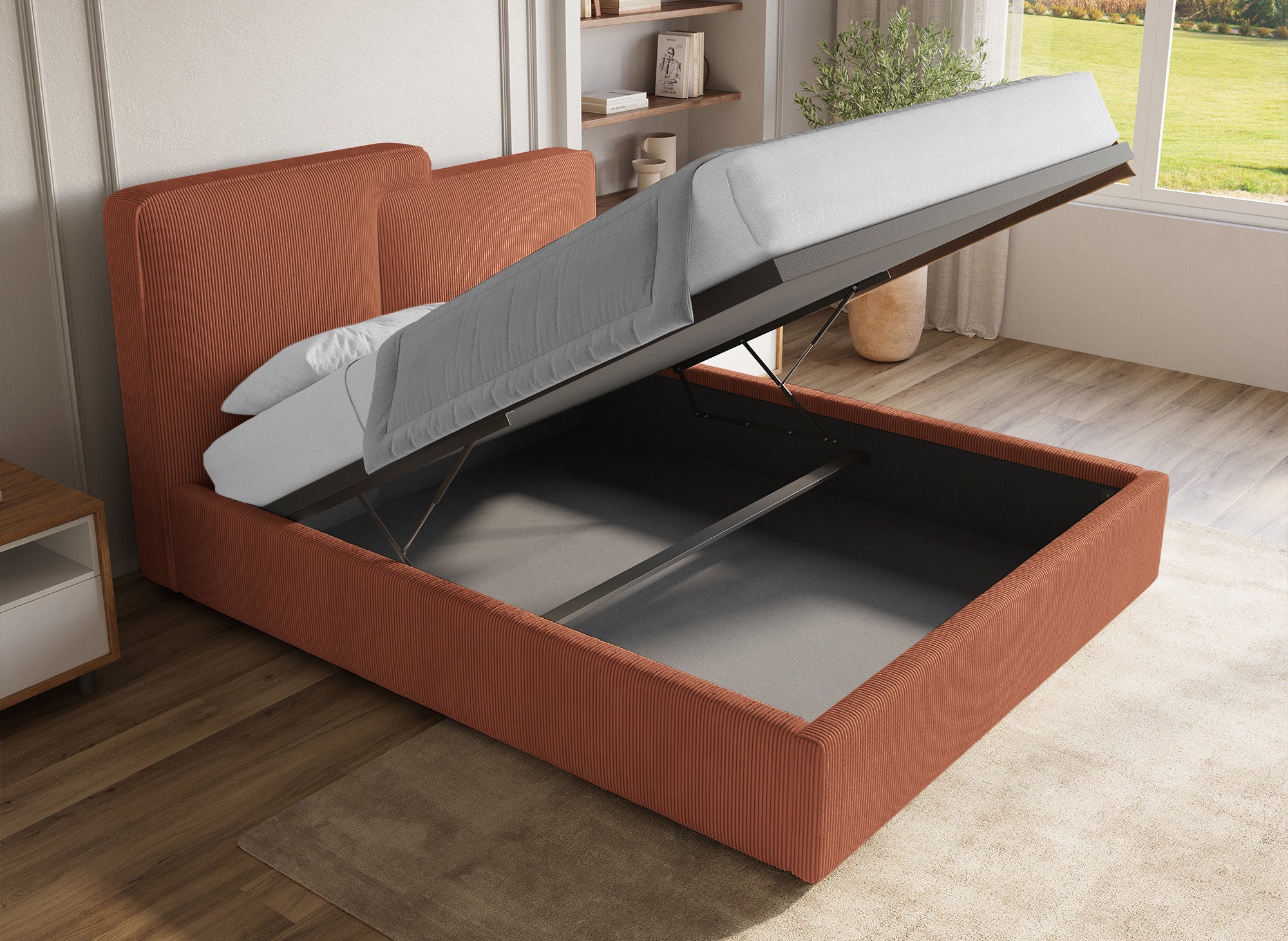 Cama de almacenaje ZELIA de 160x200 cm en pana color terracota