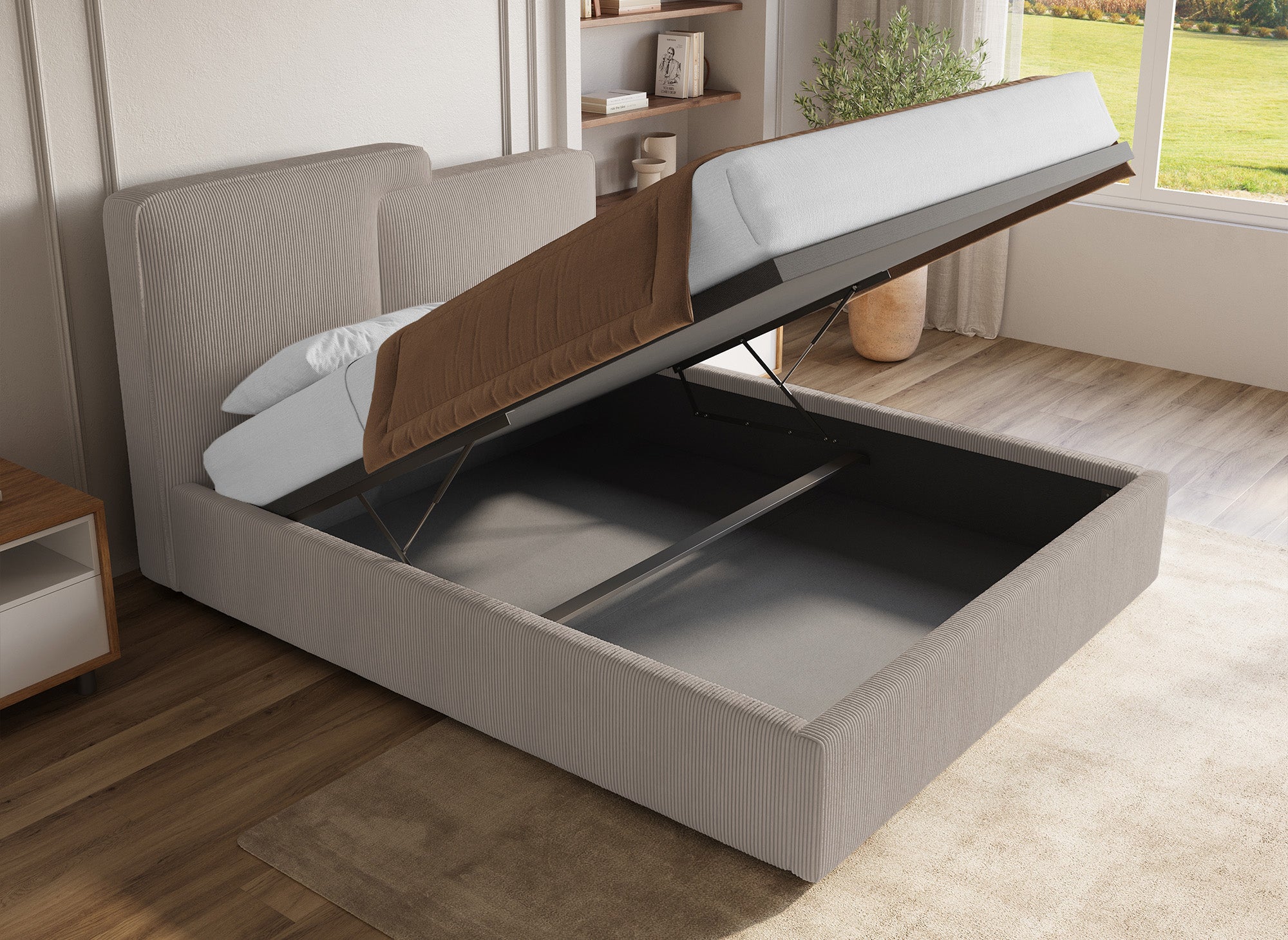 Cama de almacenaje ZELIA de 160x200 cm en pana color topo