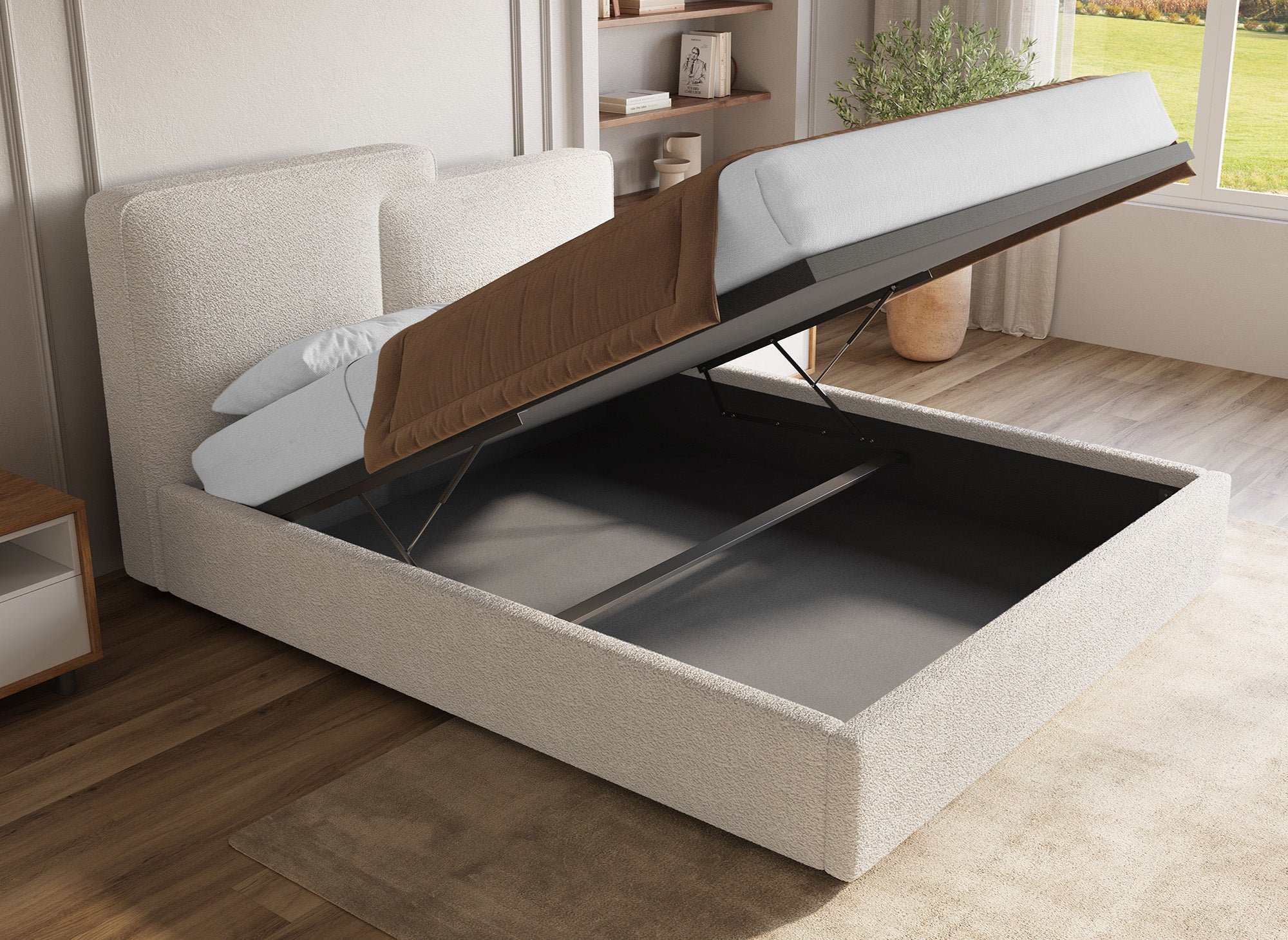 Cama con almacenaje ZELIA de 180x200 cm tapizada en tela bouclé beige