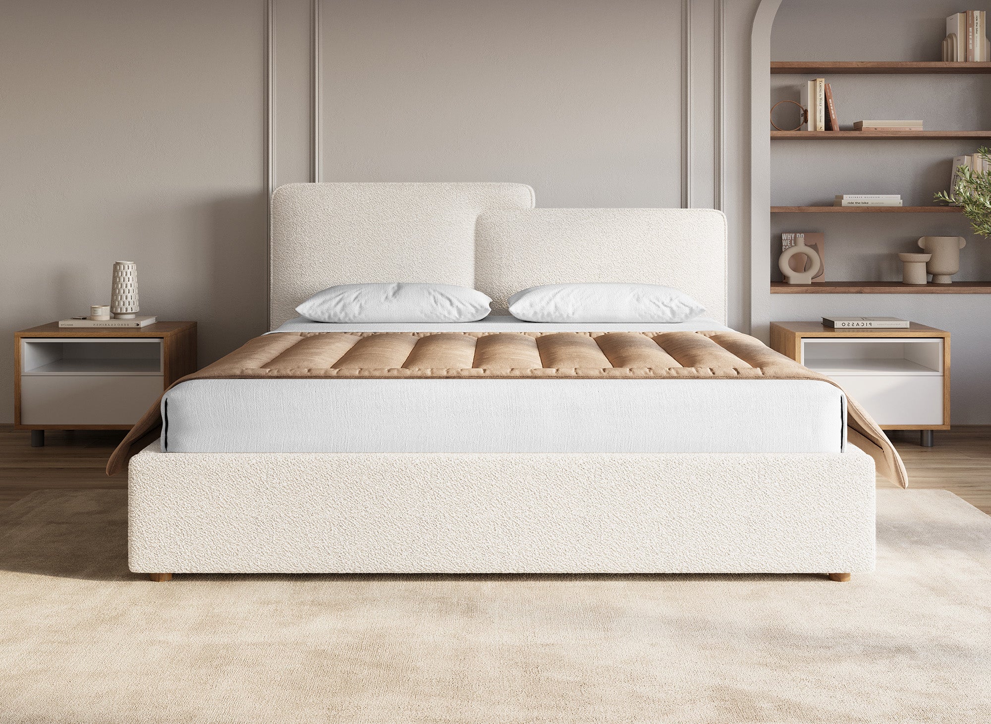 ZELIA Cama contenedor de tela bouclé beige 160x200 cm