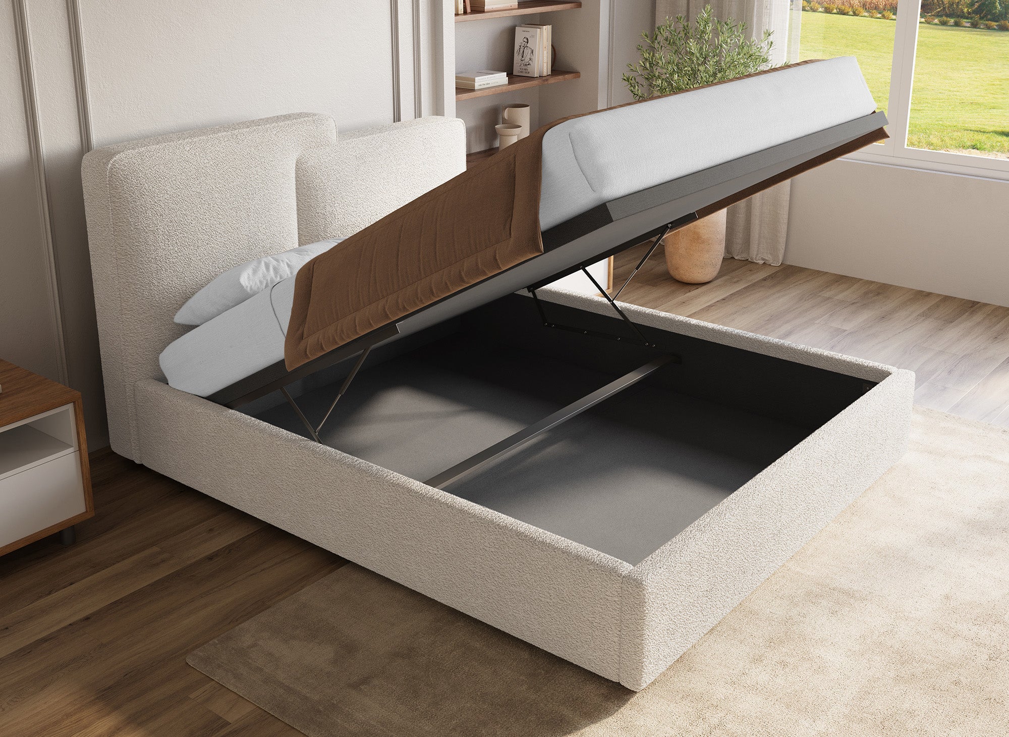 ZELIA Cama contenedor de tela bouclé beige 160x200 cm