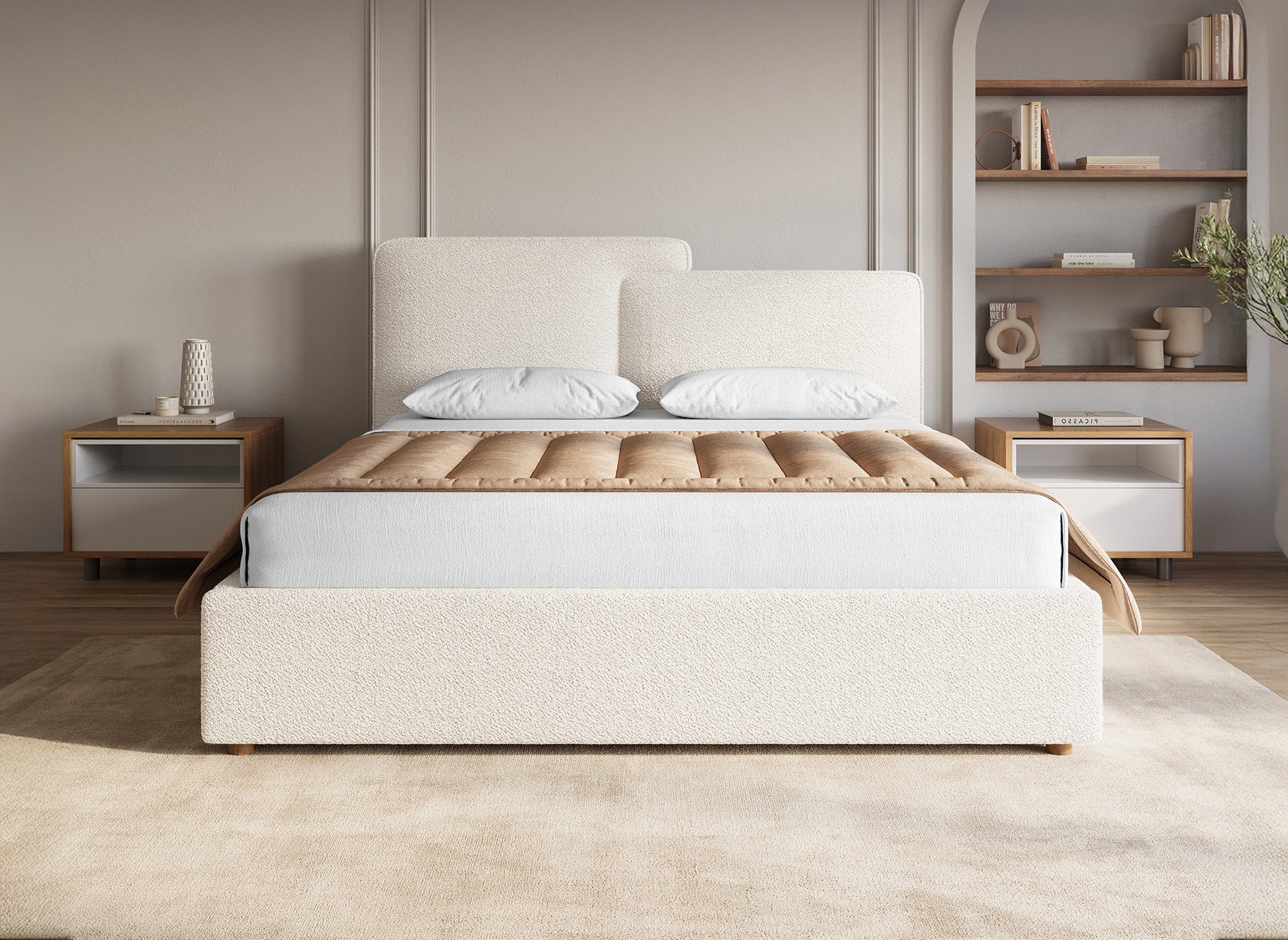 Cama con almacenaje ZELIA de 140x190 cm en tela bouclé beige