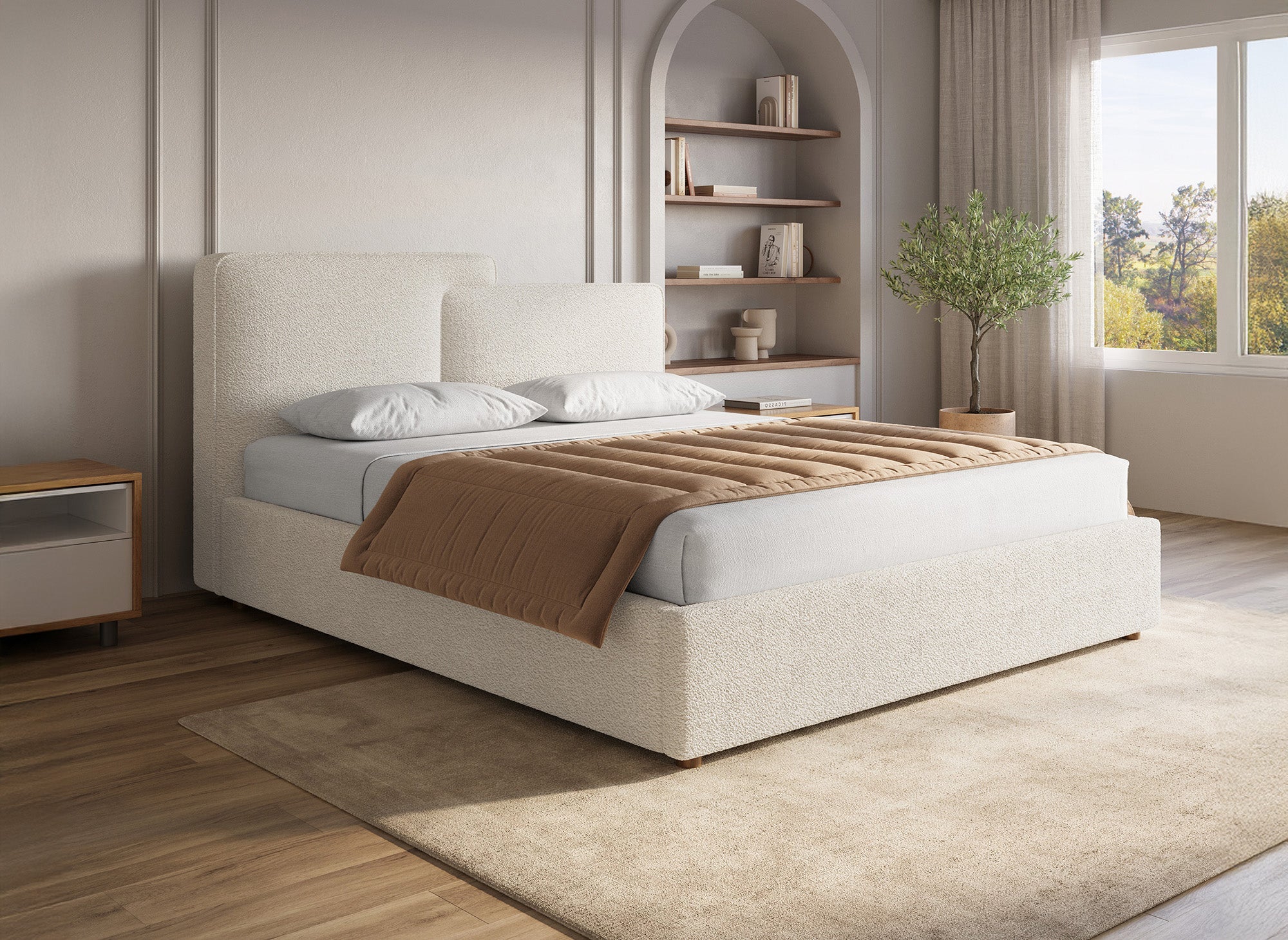 Cama con almacenaje ZELIA de 140x190 cm en tela bouclé beige