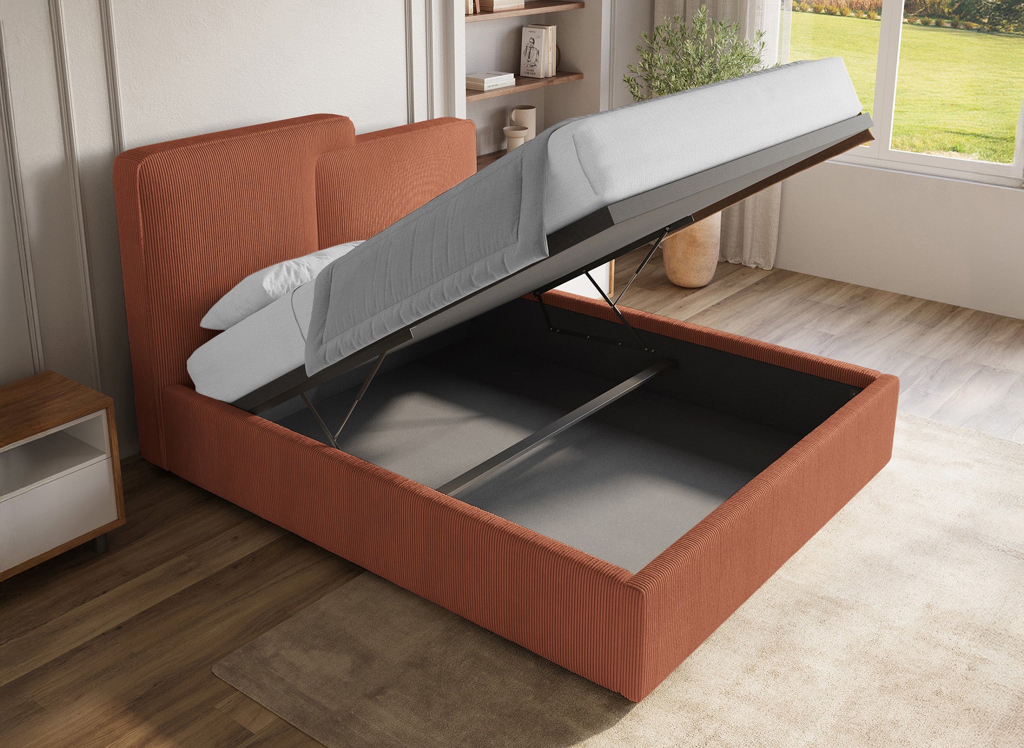 Cama de almacenaje ZELIA de pana color terracota, 140x190 cm