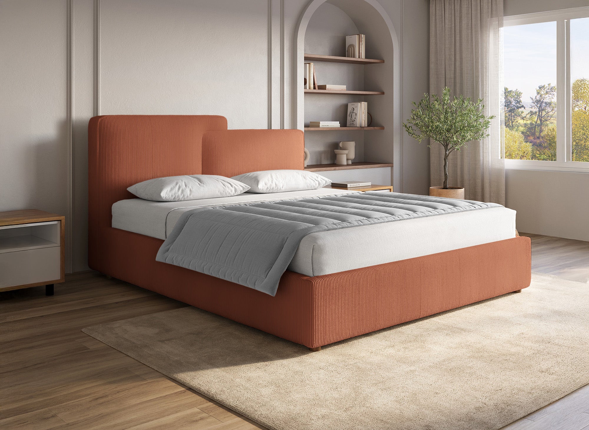 Cama de almacenaje ZELIA de pana color terracota, 140x190 cm