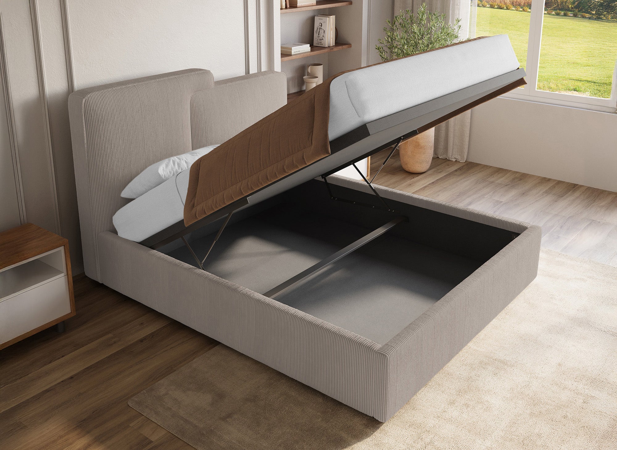 Cama de almacenaje ZELIA de 140x190 cm en pana color topo