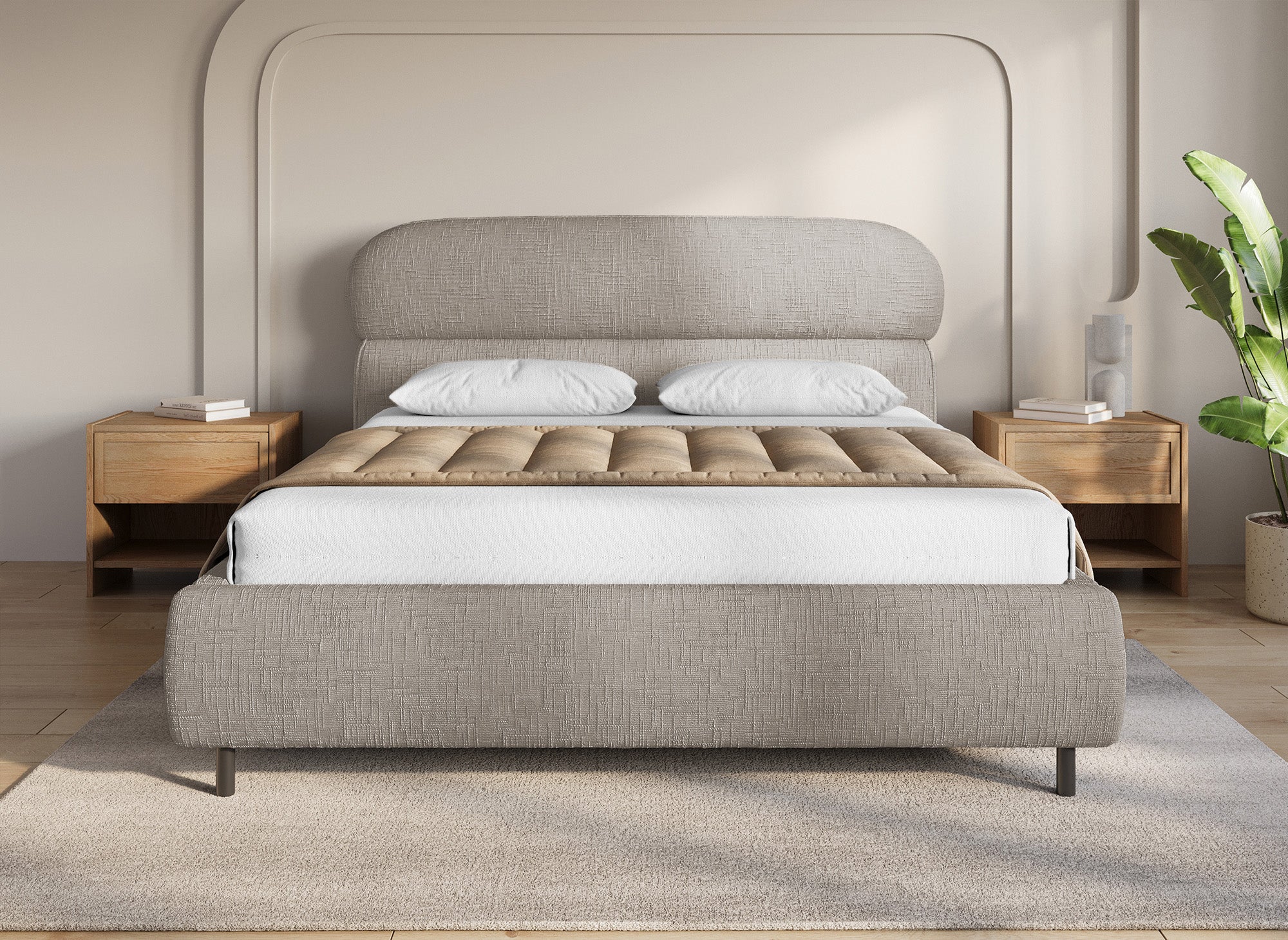 Cama con almacenaje MELO de terciopelo jaspeado color topo, 160x200 cm