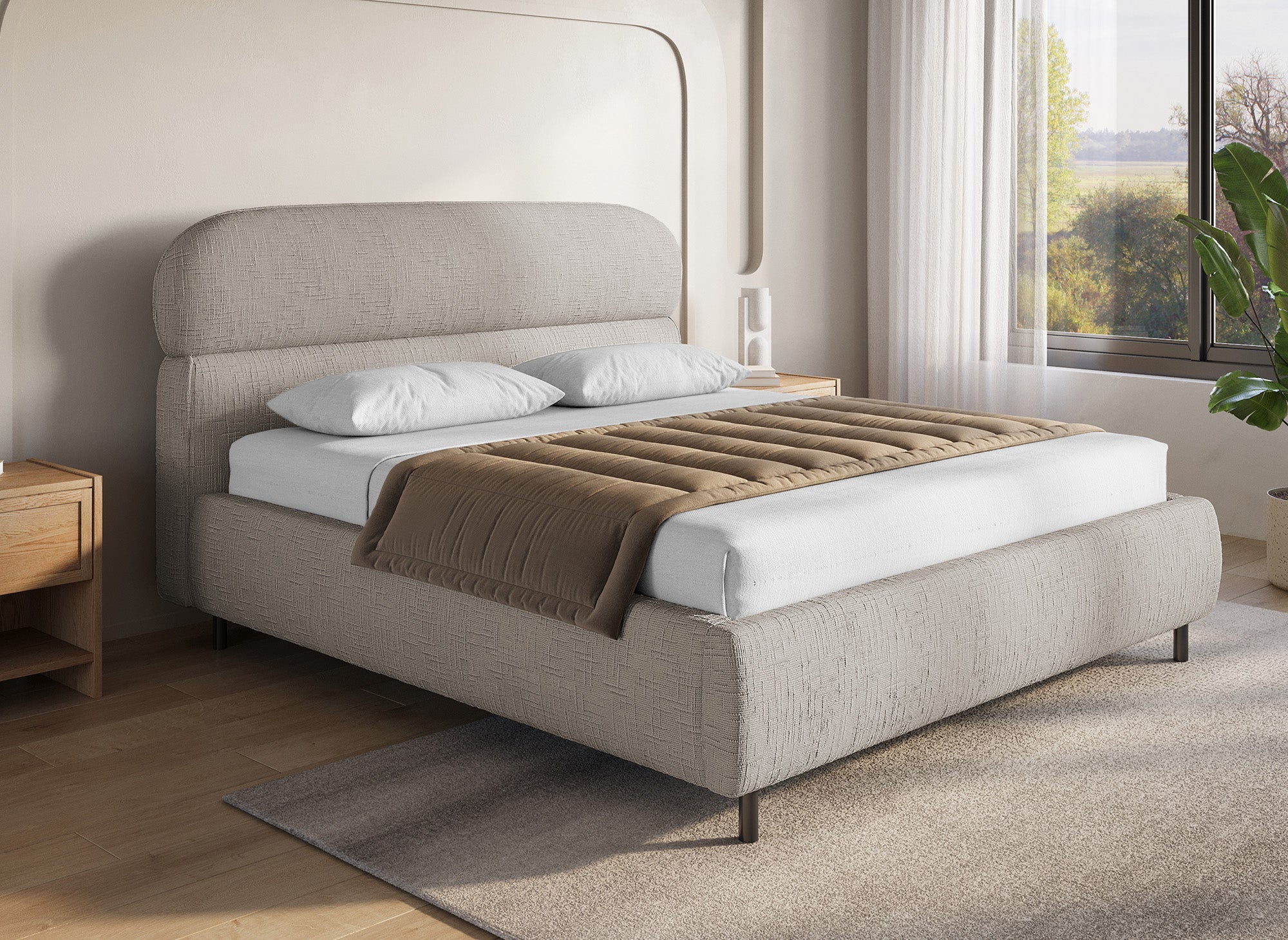 Cama con almacenaje MELO de terciopelo jaspeado color topo, 160x200 cm