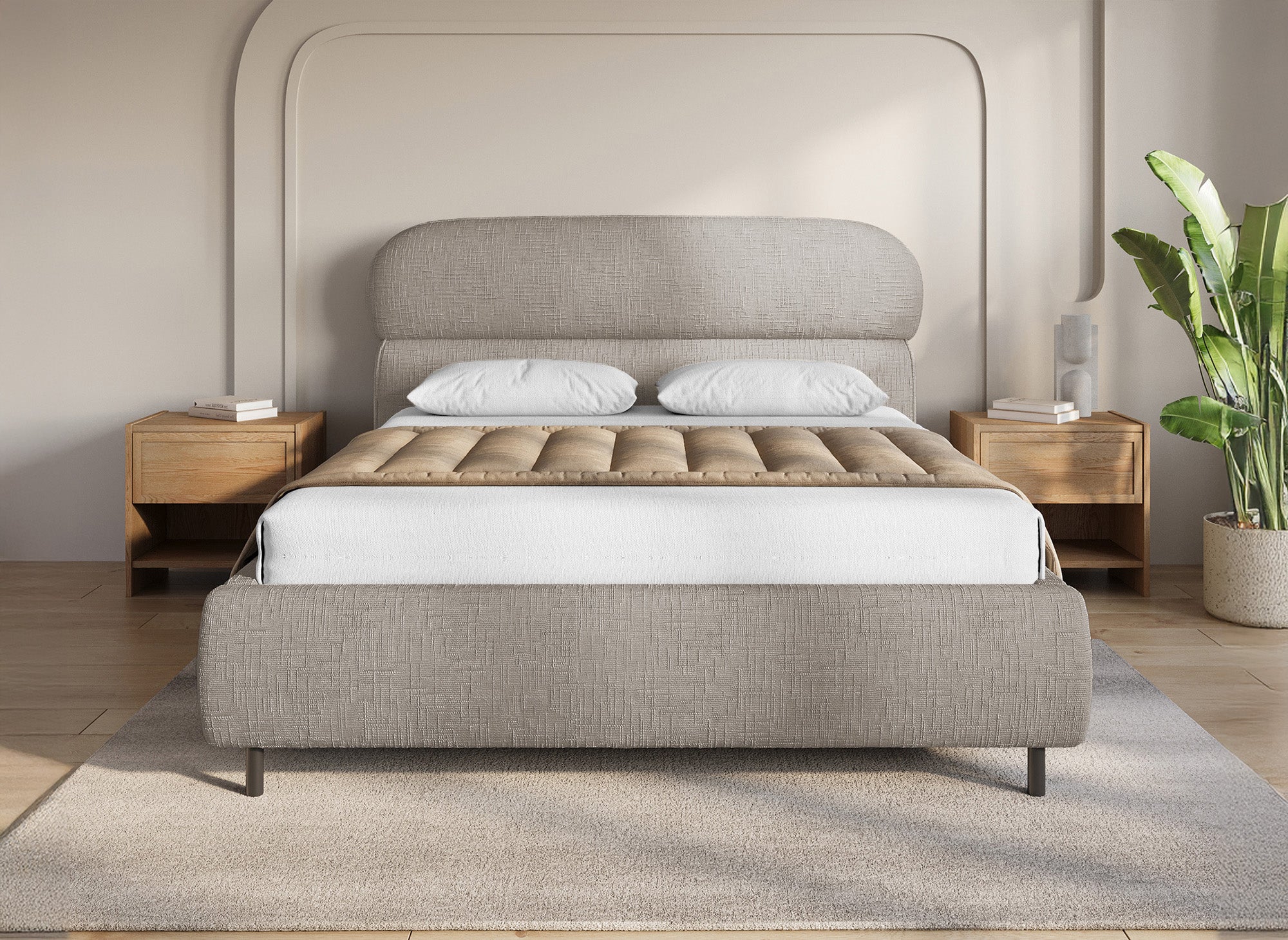 Cama con almacenaje MELO de terciopelo jaspeado color topo, 140x190 cm