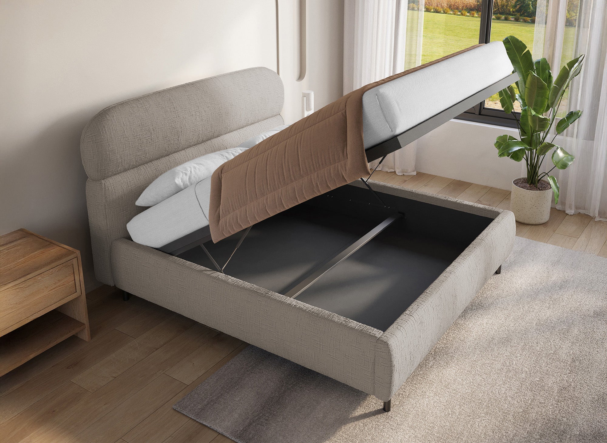 Cama con almacenaje MELO de terciopelo jaspeado color topo, 140x190 cm