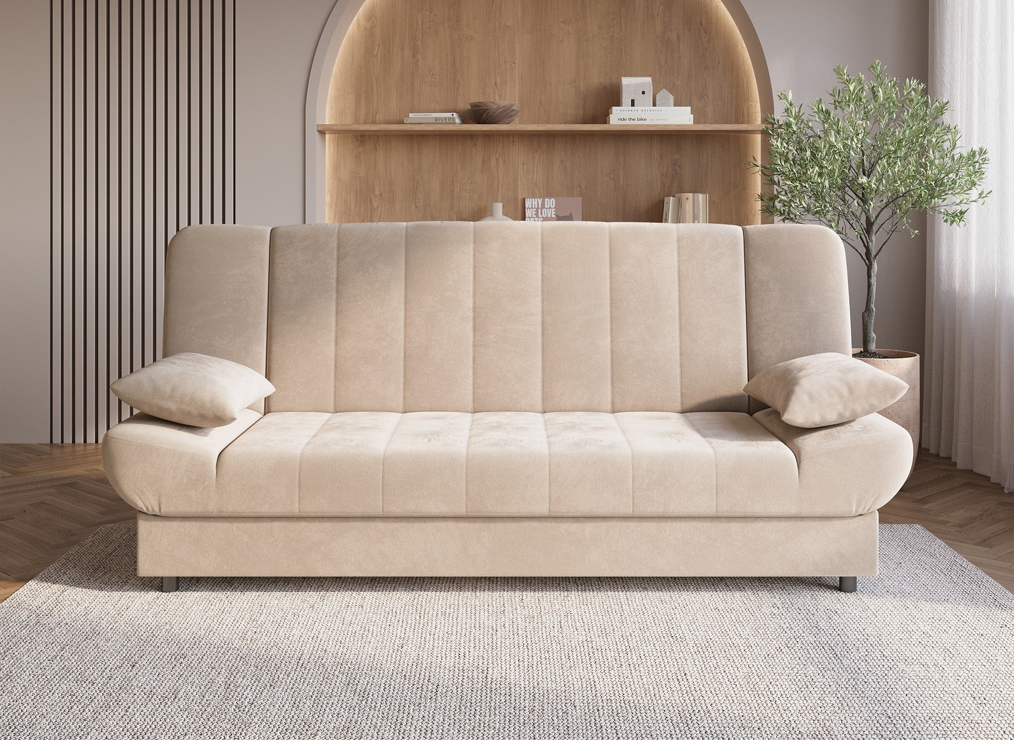 Sofá cama convertible KOTI beige con mecanismo clic-clac