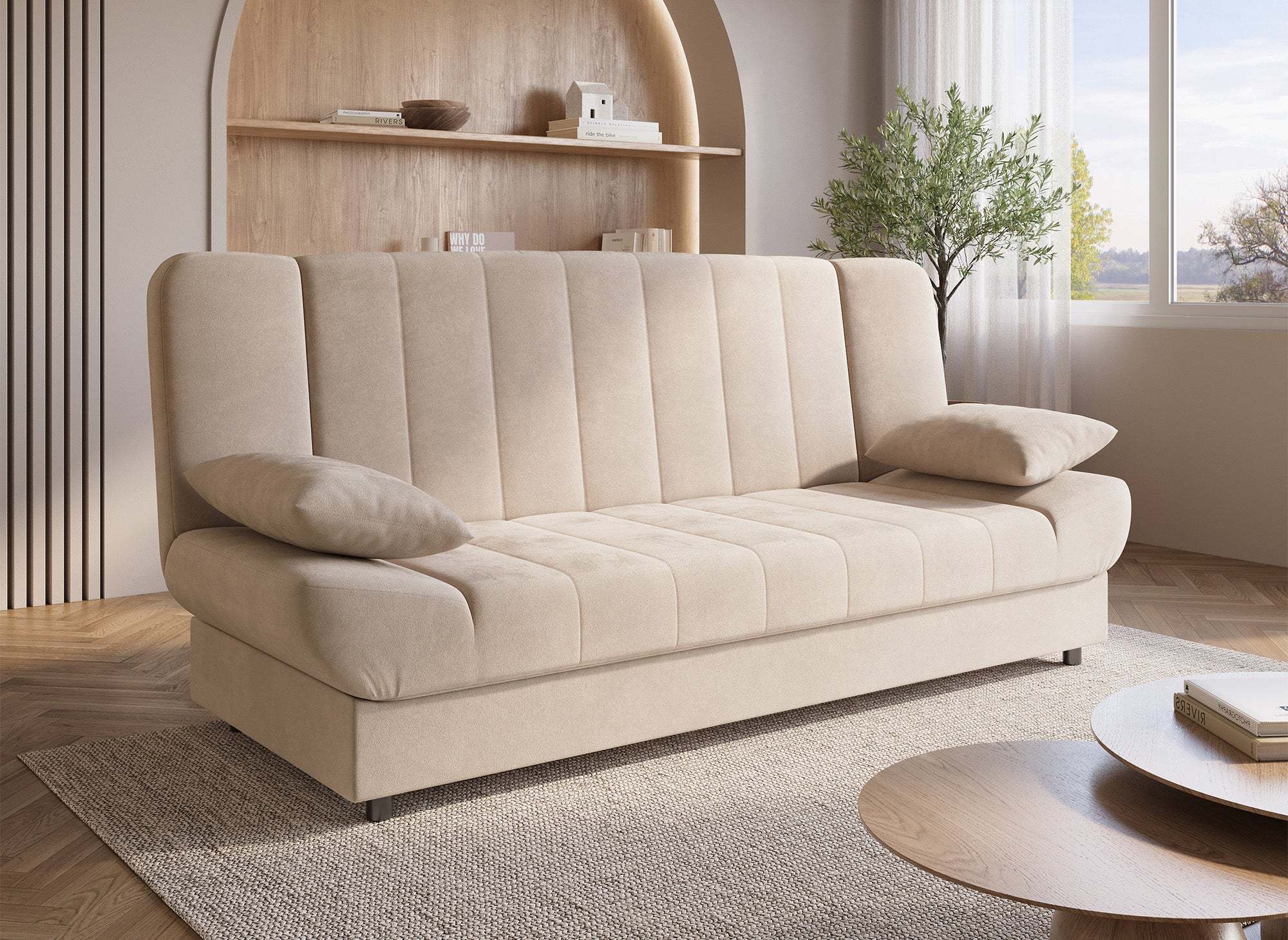 Sofá cama convertible KOTI beige con mecanismo clic-clac