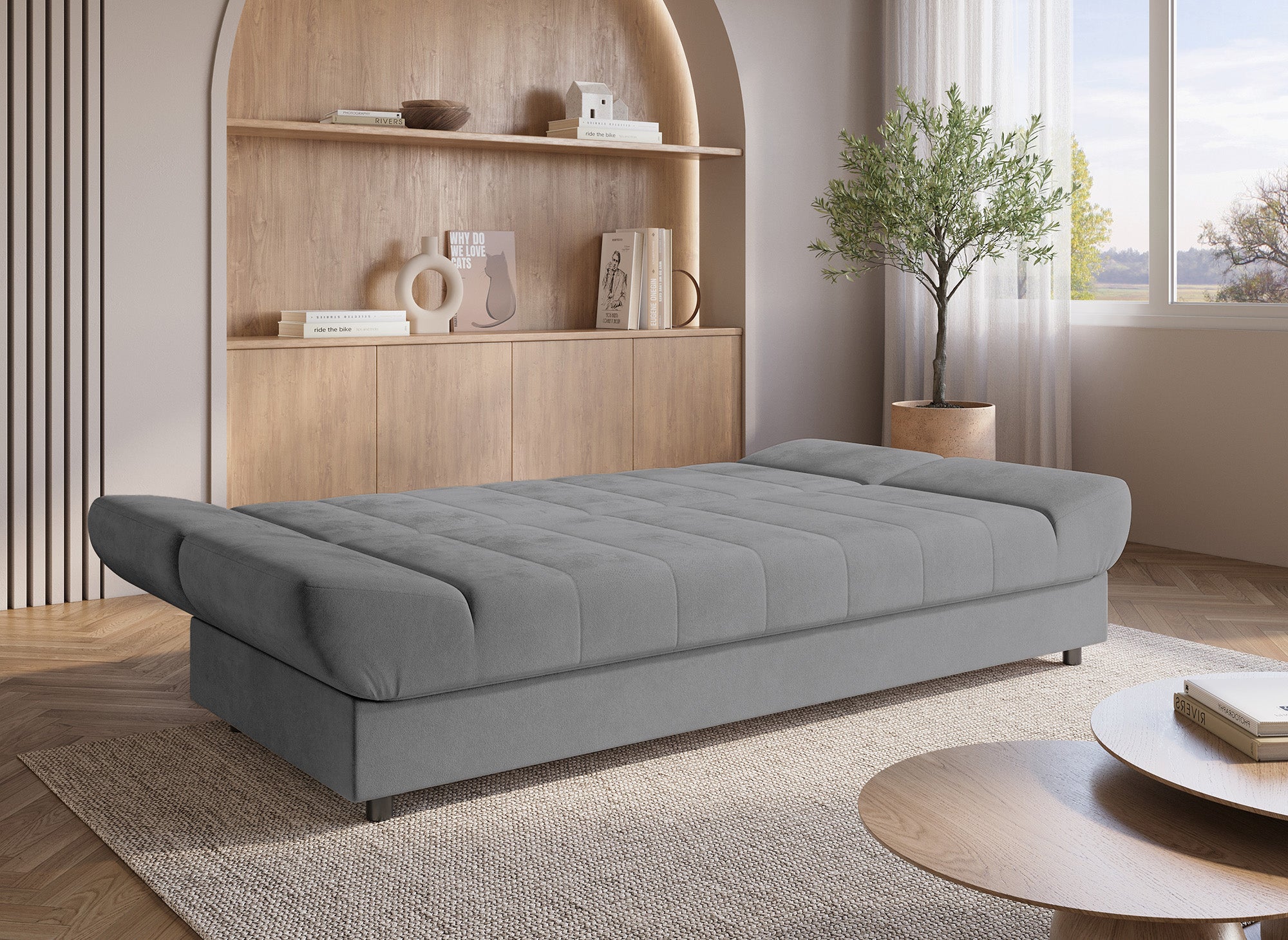 Sofá cama convertible KOTI gris con mecanismo clic-clac
