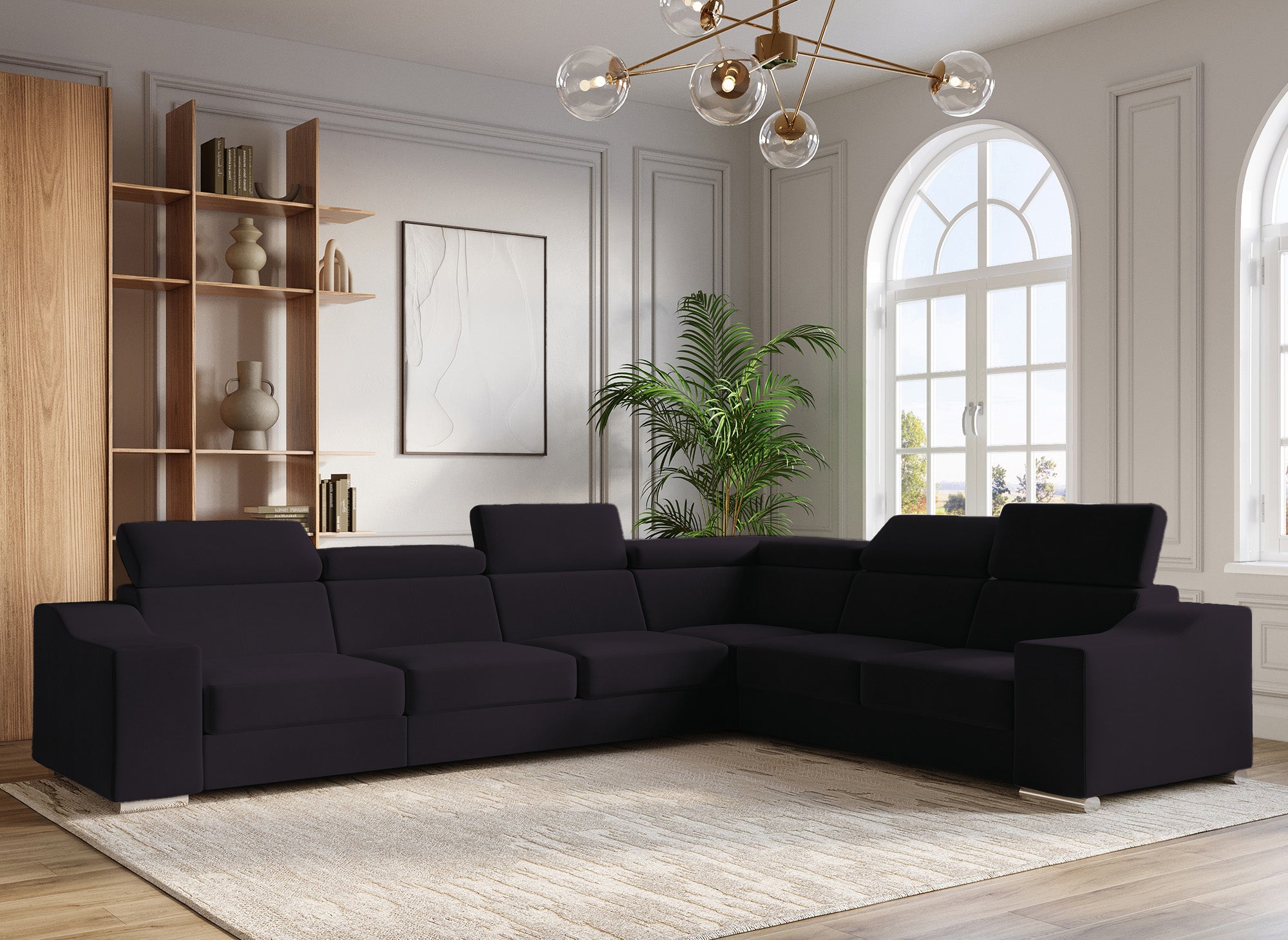 Sofá esquinero convertible reversible LEONIE en terciopelo negro