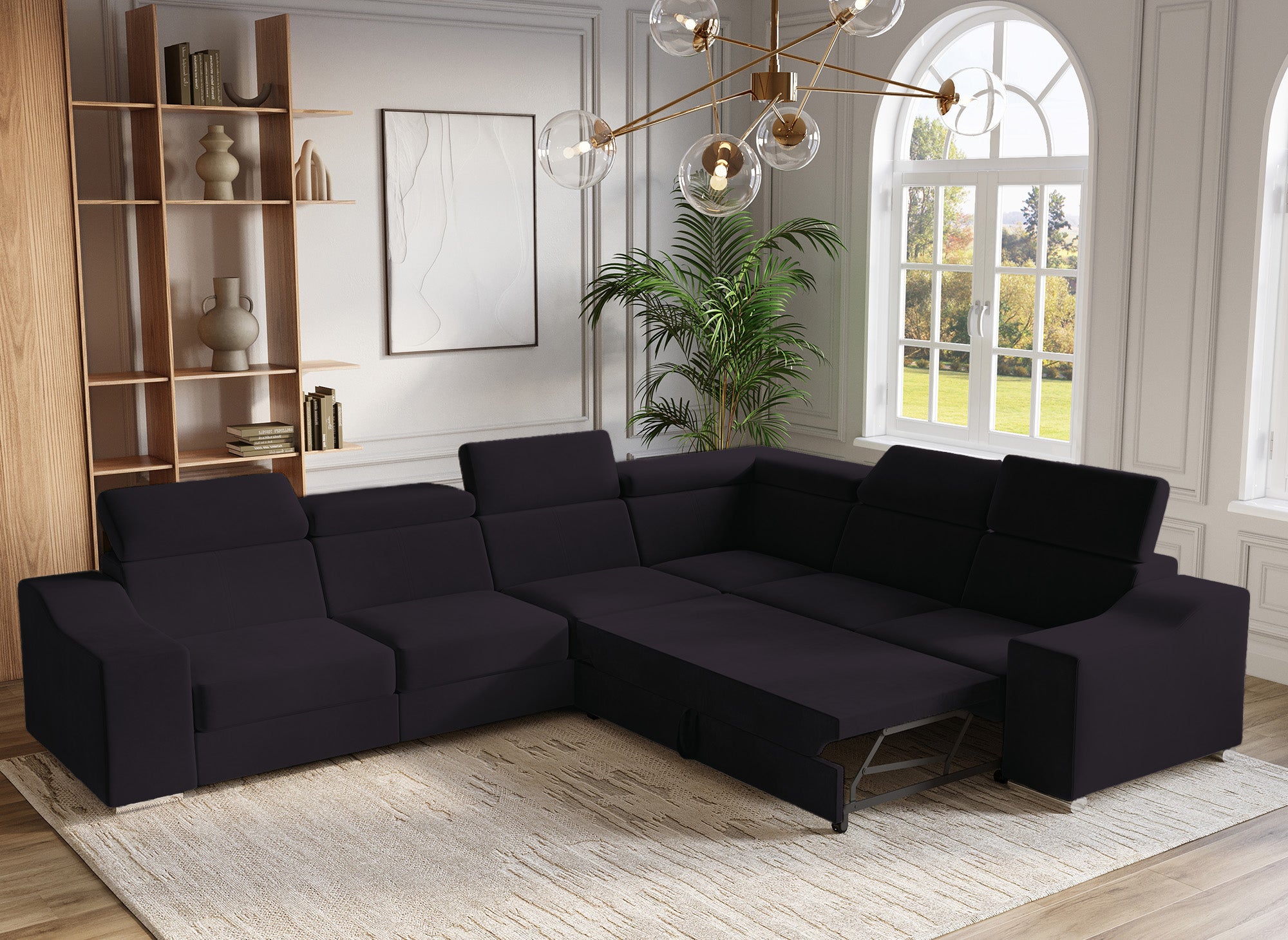 Sofá esquinero convertible reversible LEONIE en terciopelo negro