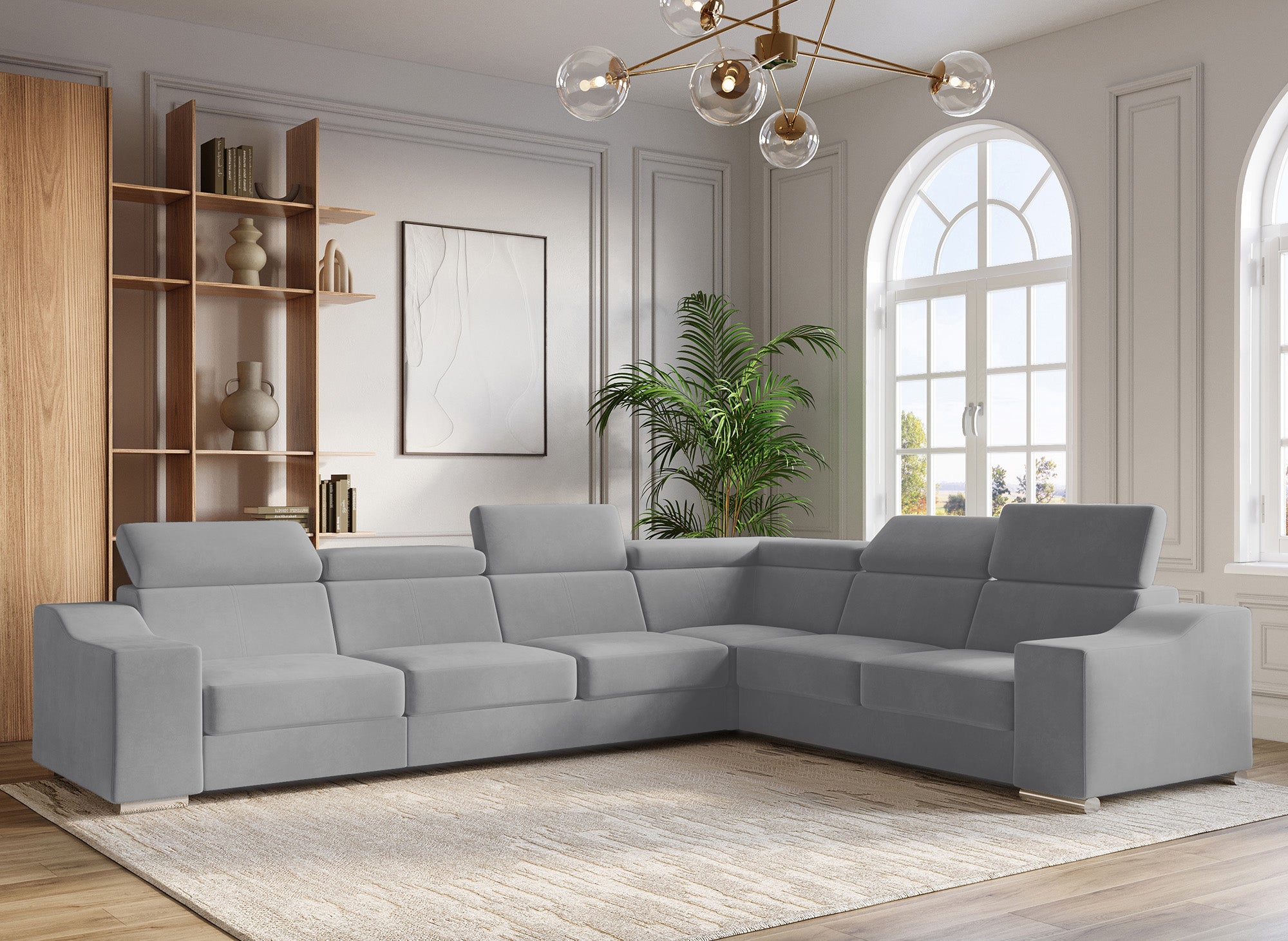 Sofá esquinero convertible reversible LEONIE en terciopelo gris claro