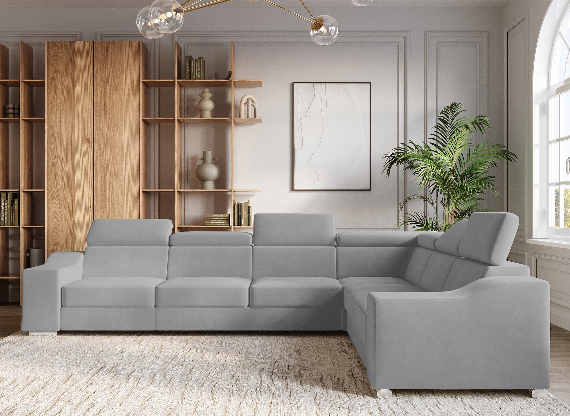 Sofá esquinero convertible reversible LEONIE en terciopelo gris claro