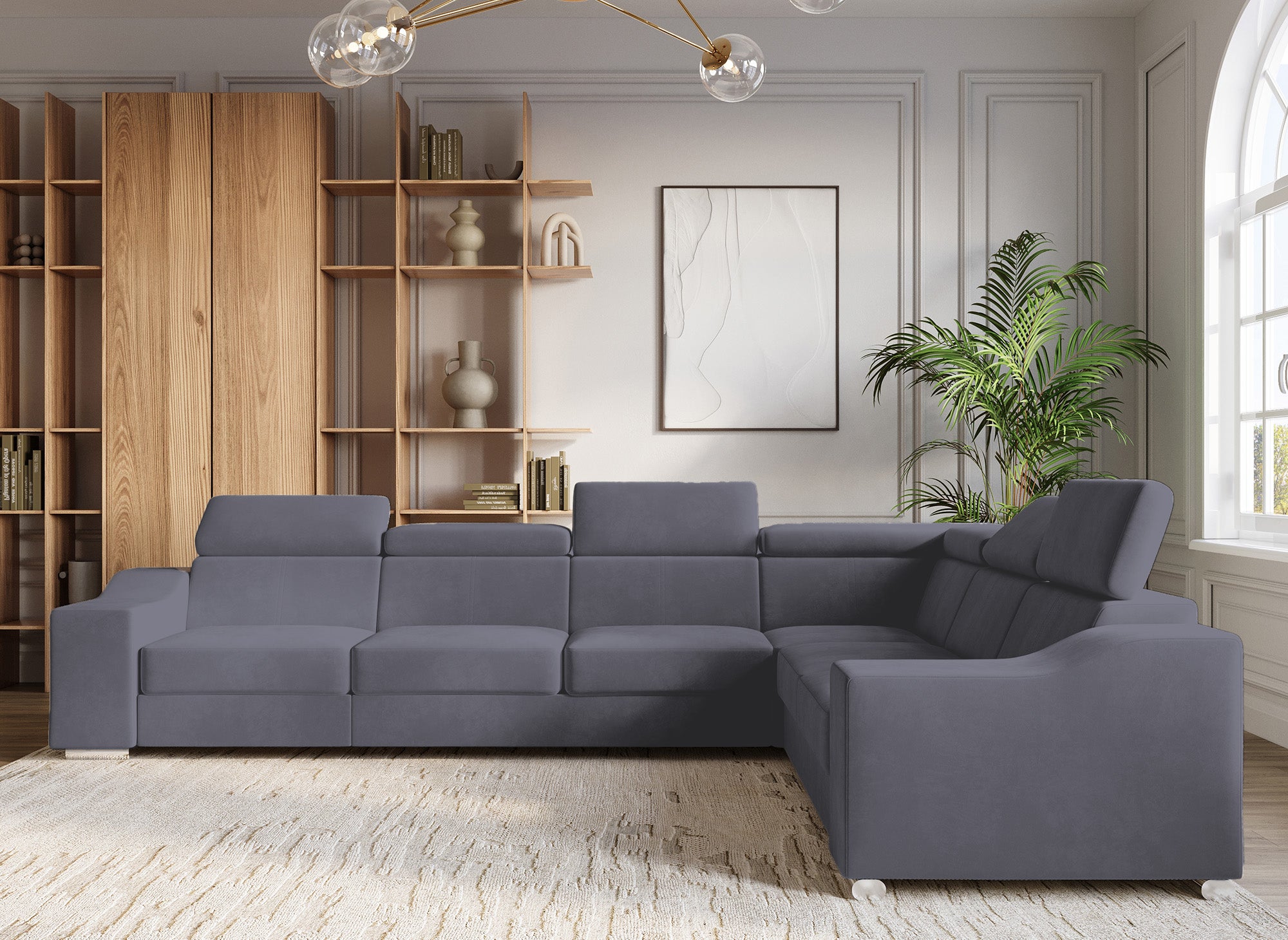 Sofá esquinero convertible reversible LEONIE en terciopelo gris