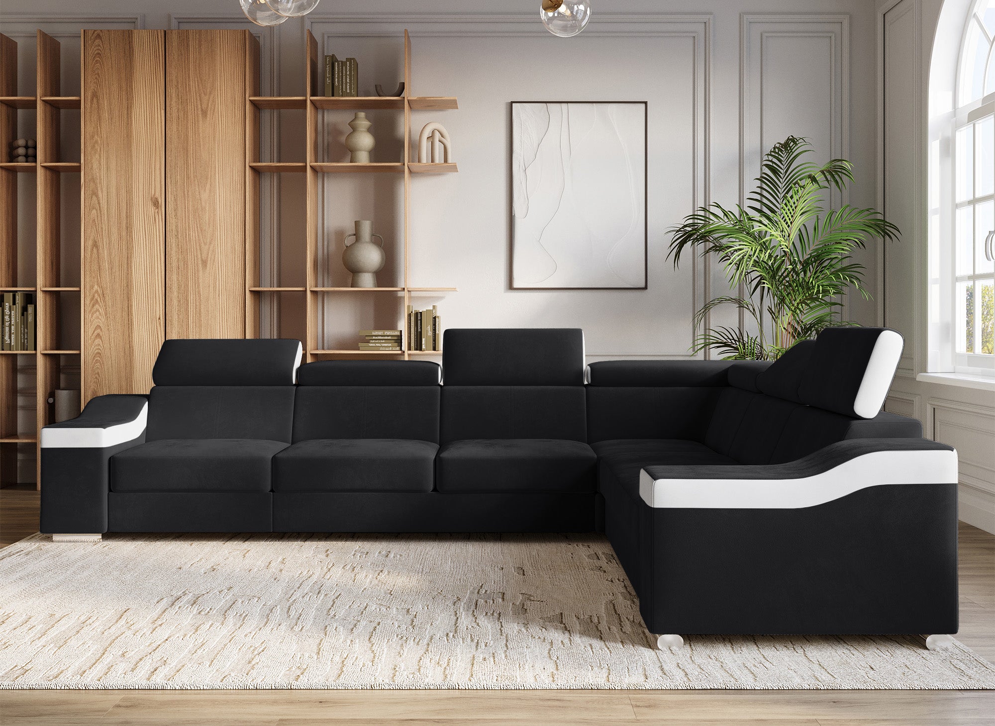 Sofá esquinero convertible reversible LEONIE en terciopelo negro y piel sintética blanca