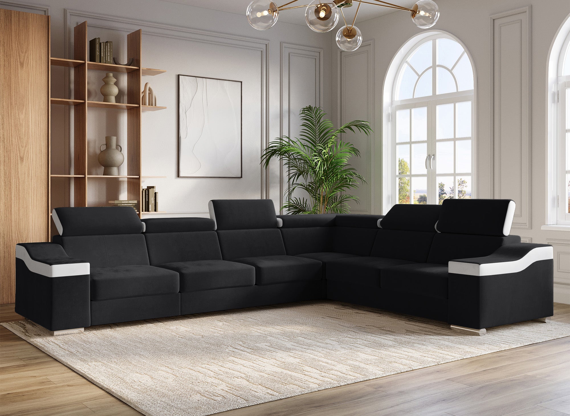 Sofá esquinero convertible reversible LEONIE en terciopelo negro y piel sintética blanca