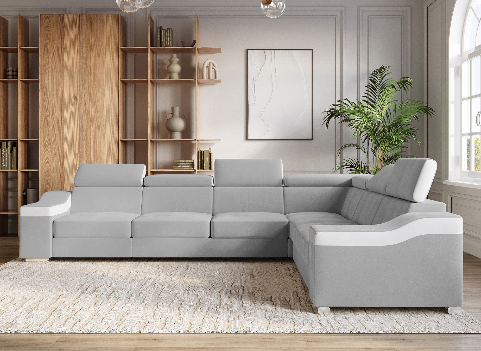 Sofá esquinero convertible reversible LEONIE en terciopelo gris claro y piel sintética blanca