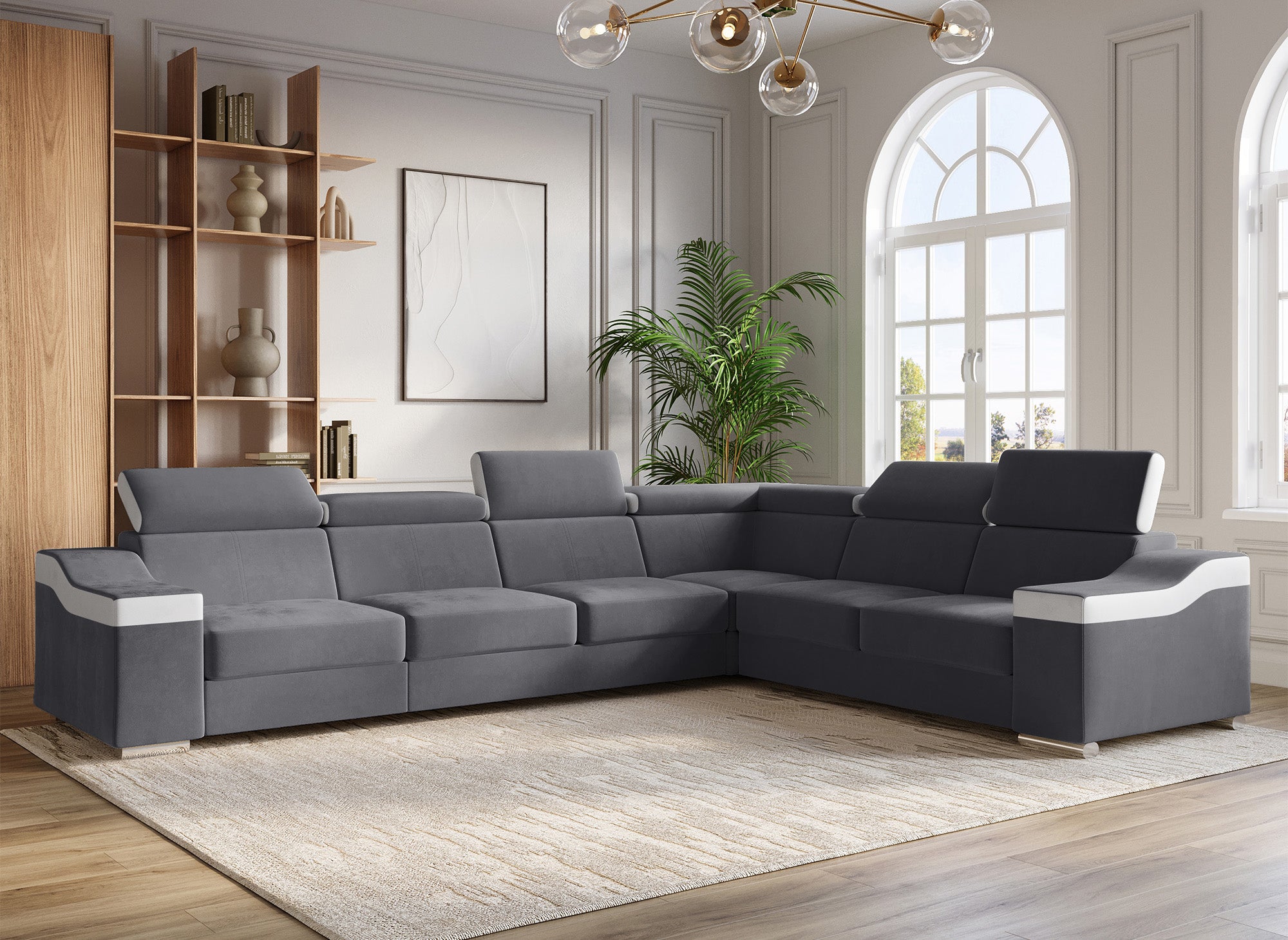 Sofá esquinero convertible reversible LEONIE en terciopelo gris y piel sintética blanca