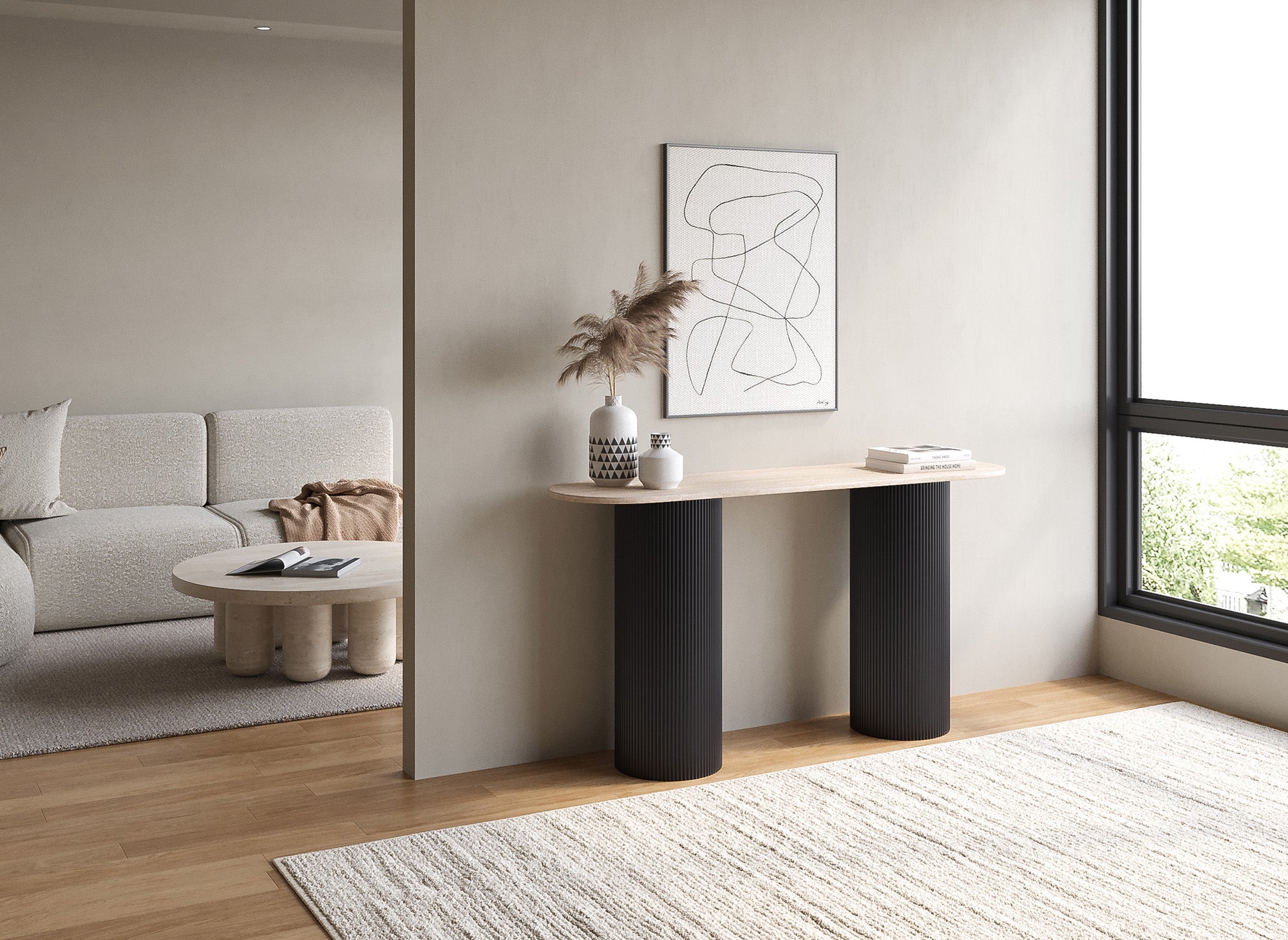 Mesa consola DHARA BLACK en mármol compuesto beige con patas negras