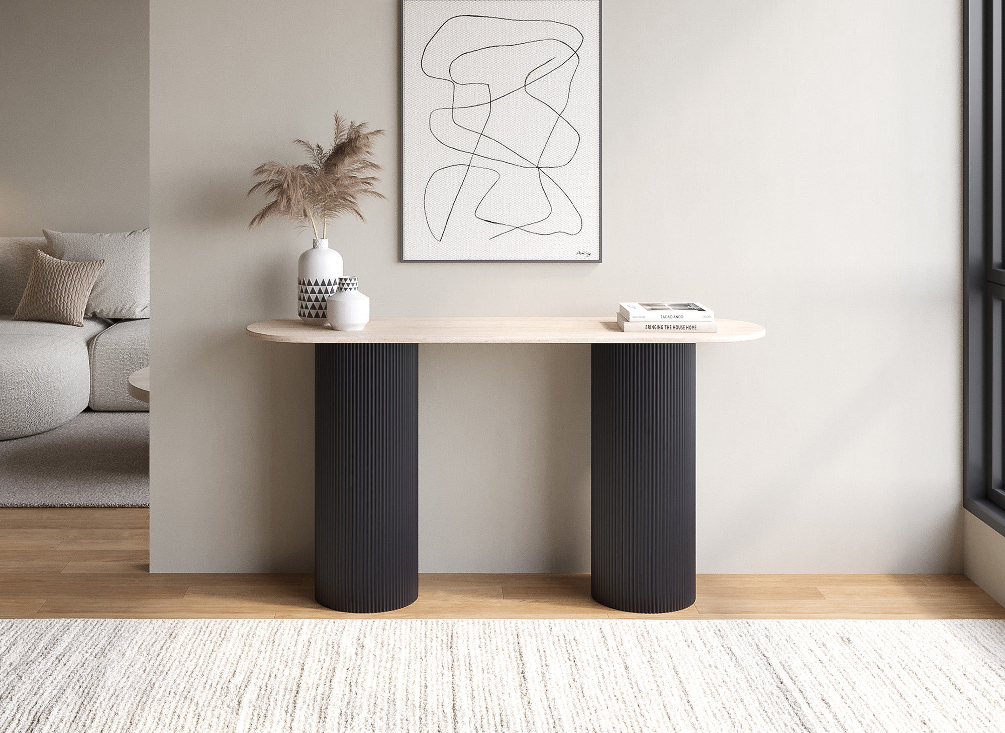 Mesa consola DHARA BLACK en mármol compuesto beige con patas negras