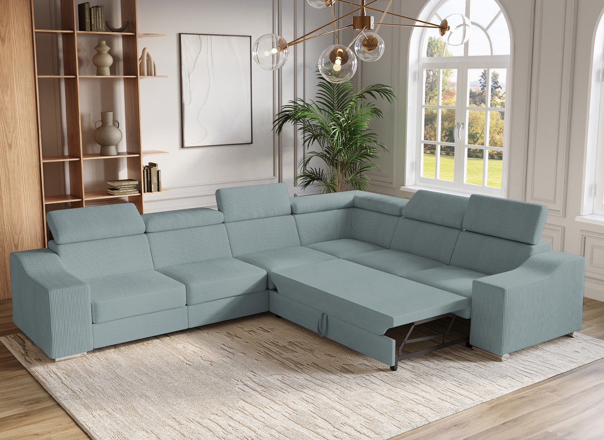 Sofá esquinero convertible reversible LEONIE en pana color verde azulado