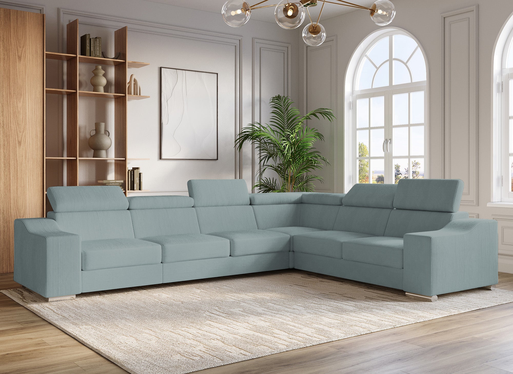 Sofá esquinero convertible reversible LEONIE en pana color verde azulado