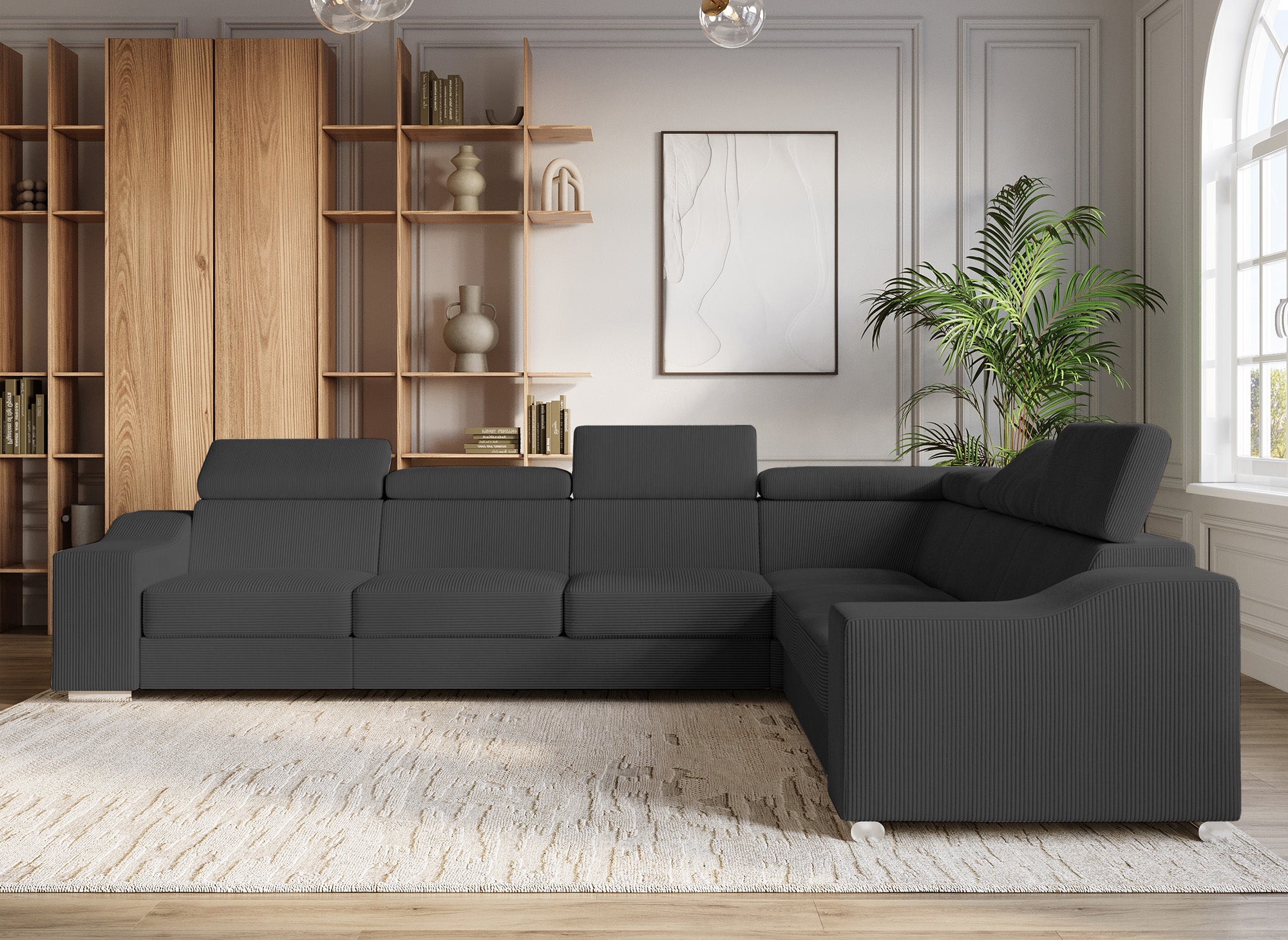 Sofá esquinero convertible reversible LEONIE en pana gris antracita