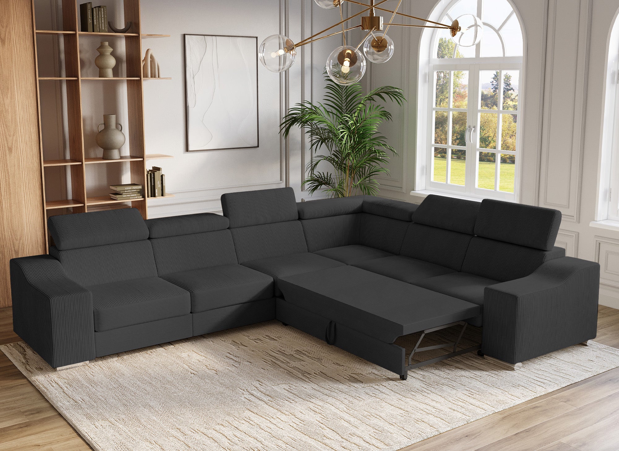 Sofá esquinero convertible reversible LEONIE en pana gris antracita