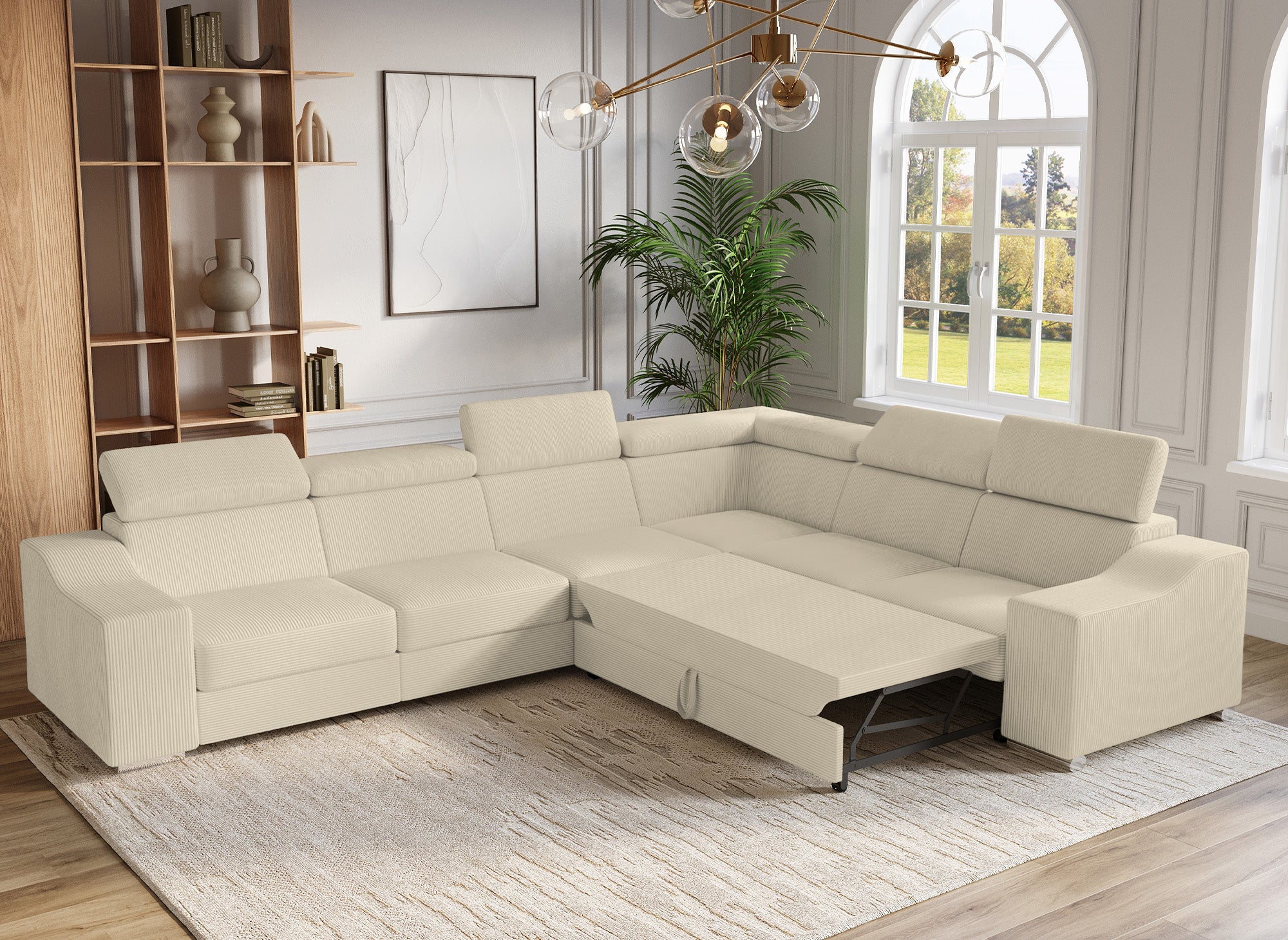 Sofá esquinero convertible reversible LEONIE en pana beige