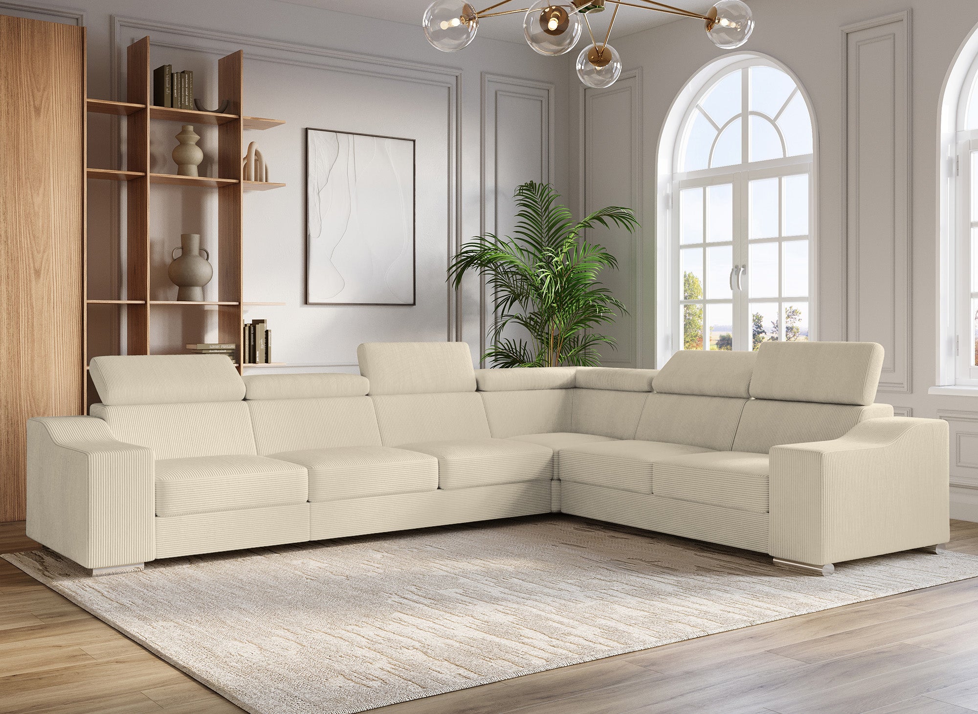 Sofá esquinero convertible reversible LEONIE en pana beige