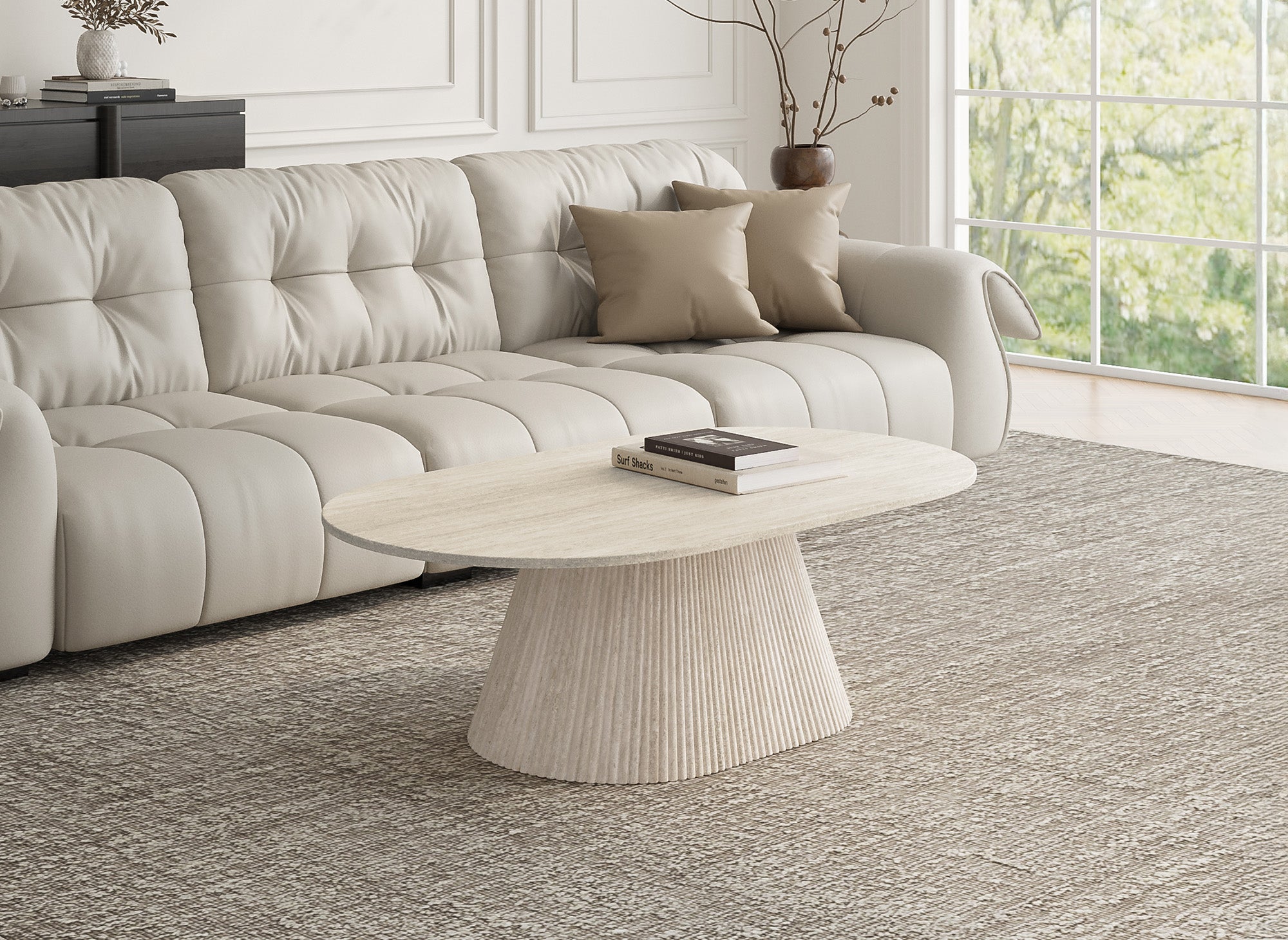 Mesa de centro ovalada TIANA en mármol compuesto beige