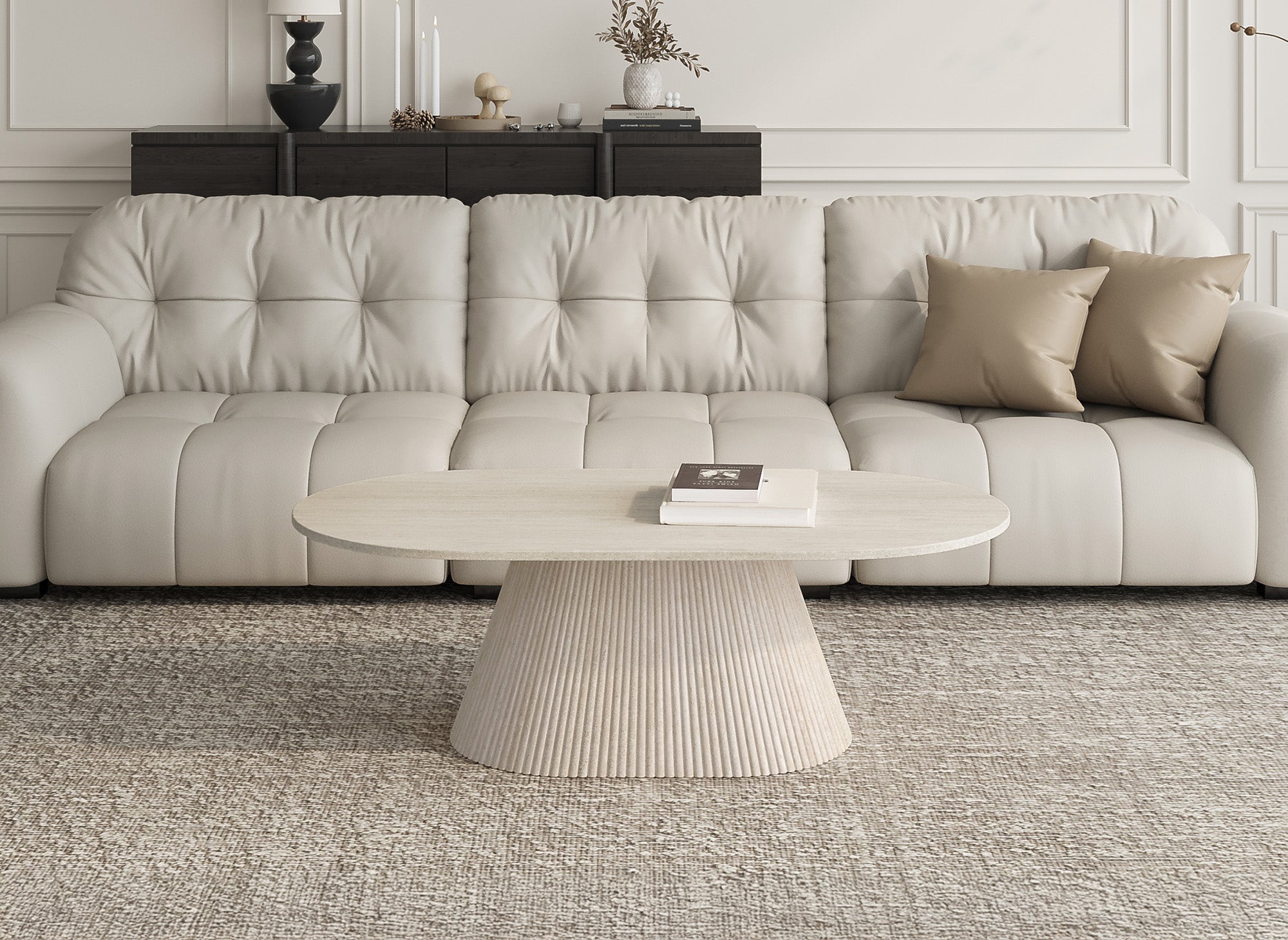 Mesa de centro ovalada TIANA en mármol compuesto beige