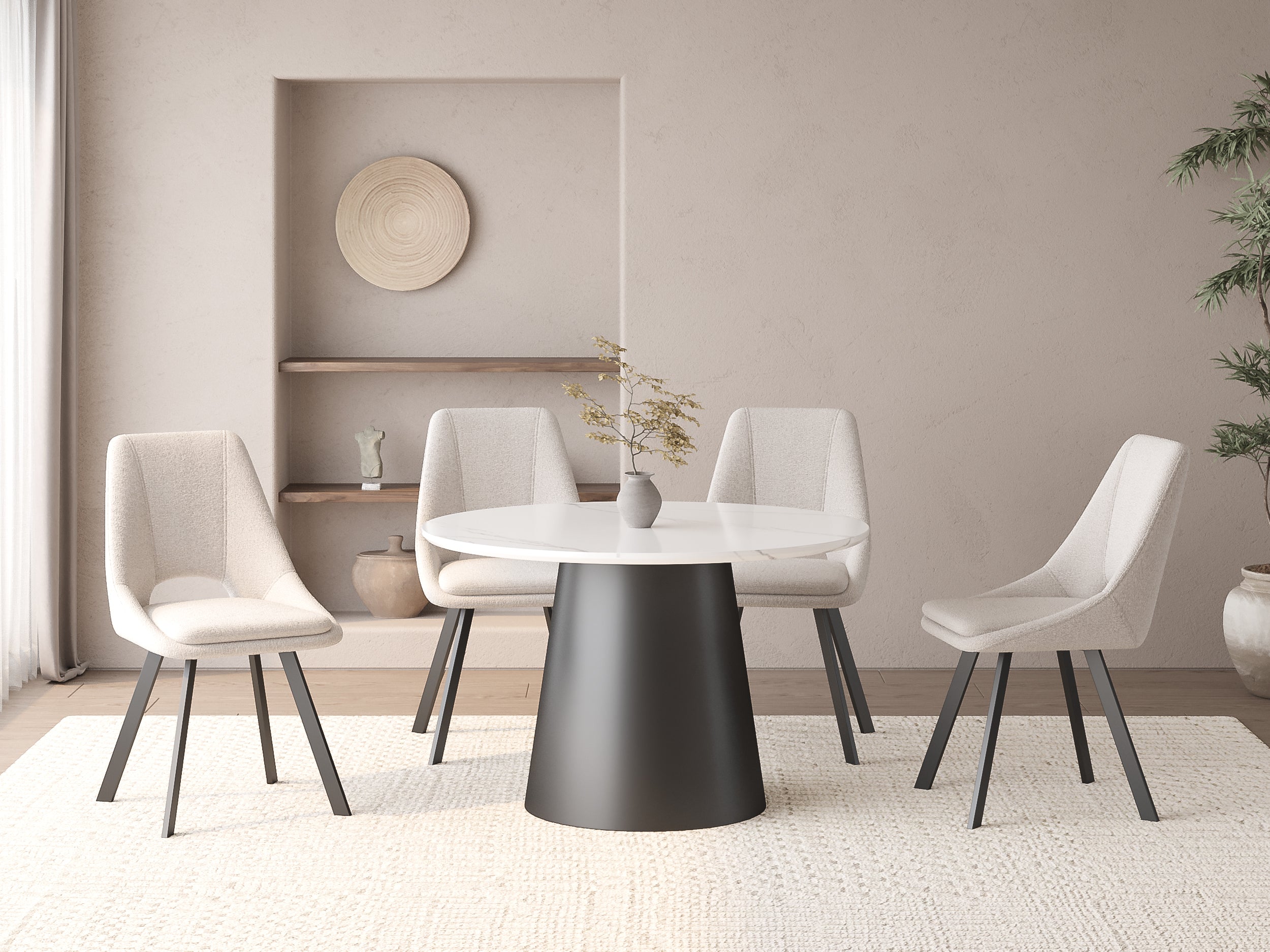 Mesa de comedor redonda AUBREY con tablero efecto mármol blanco, capacidad para 4 personas