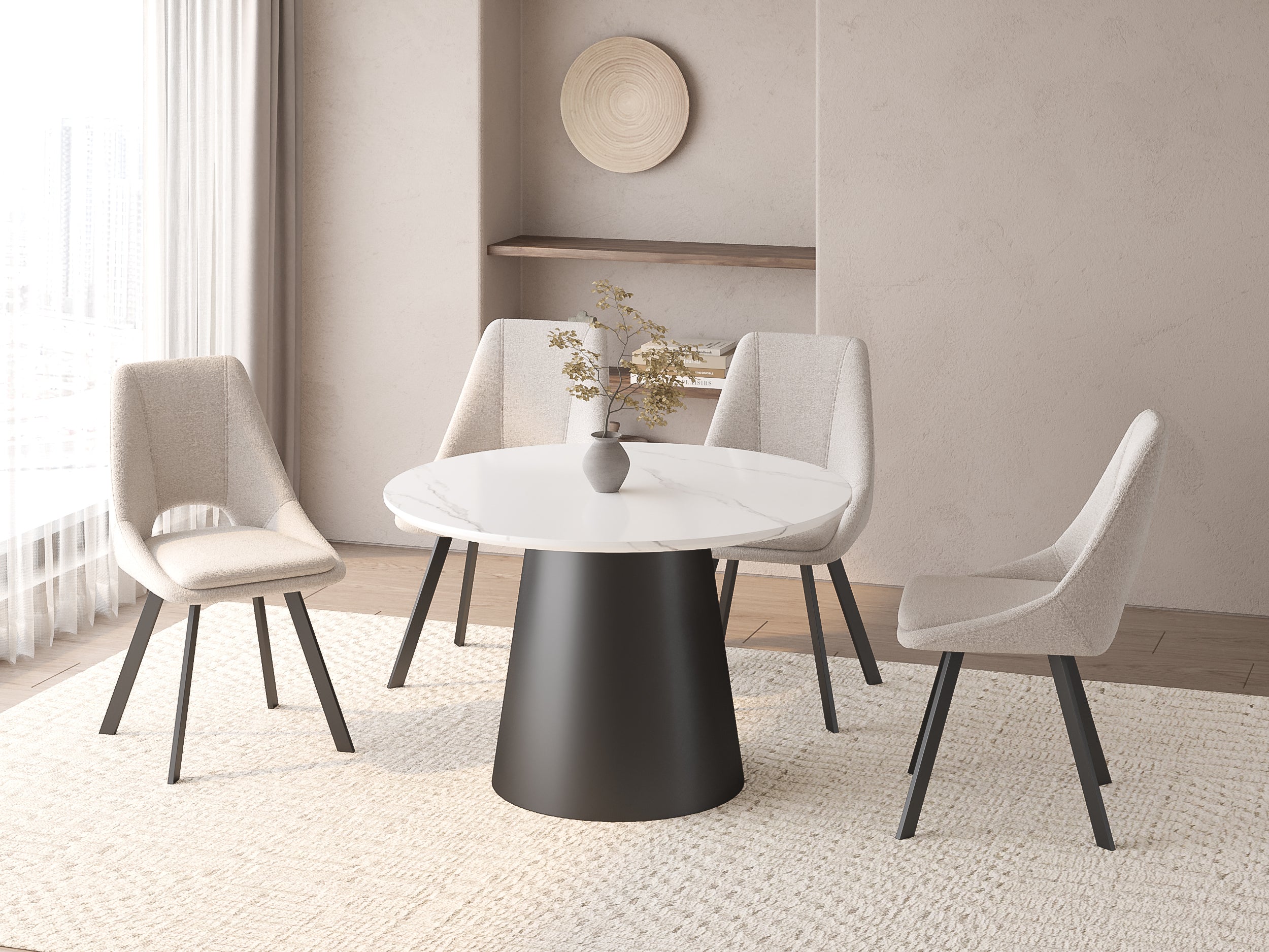 Mesa de comedor redonda AUBREY con tablero efecto mármol blanco, capacidad para 4 personas