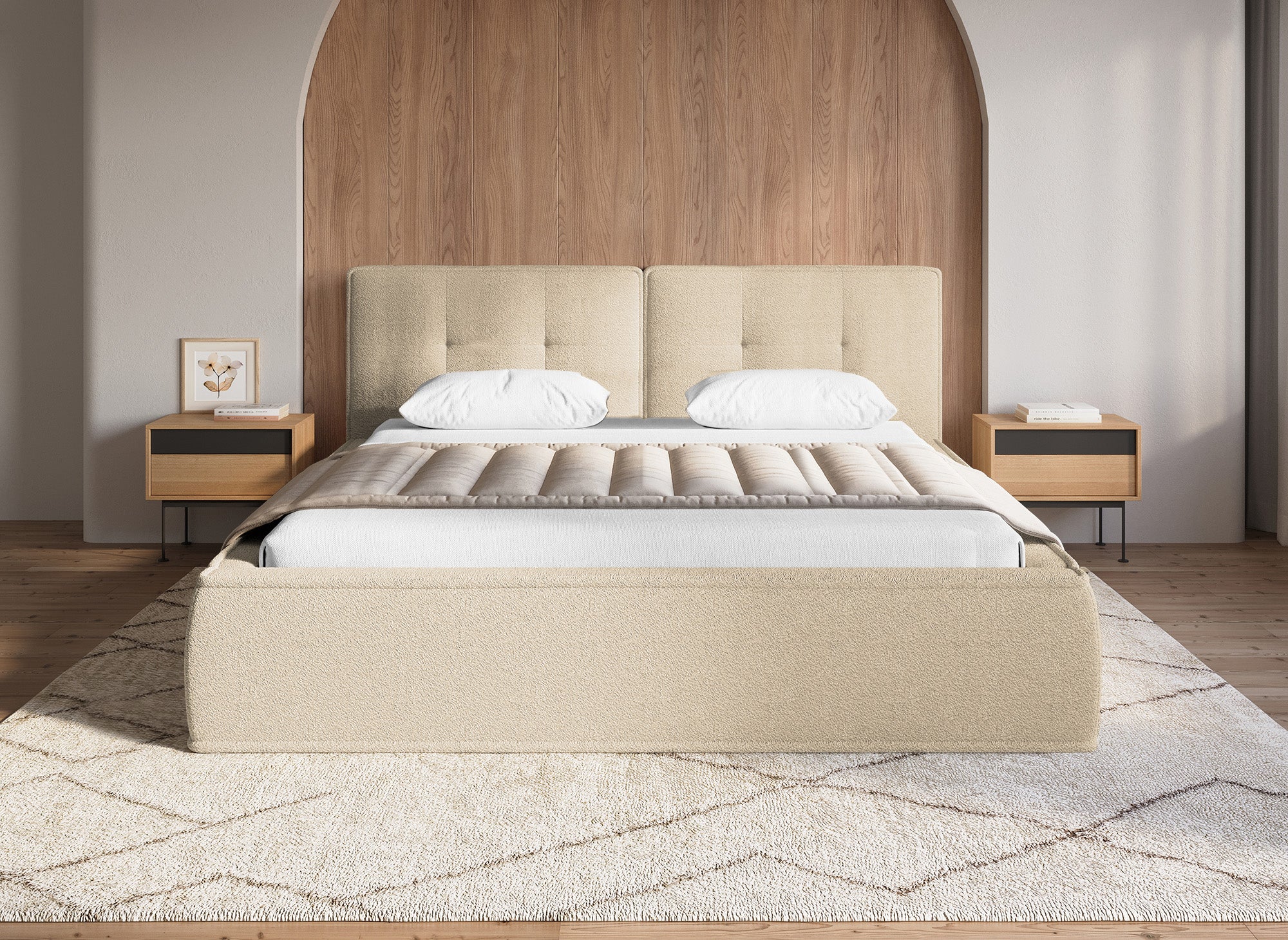 Cama doble YUNA en tejido bouclé beige, 180x200 cm